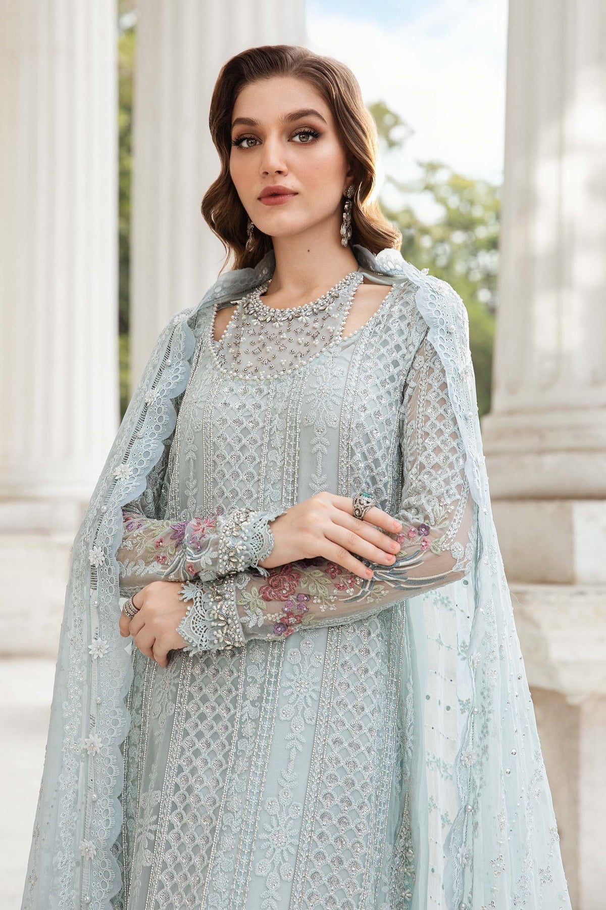 Maria B MPC-24-103 Style — Mairaz Ice Blue Three-Piece Suit