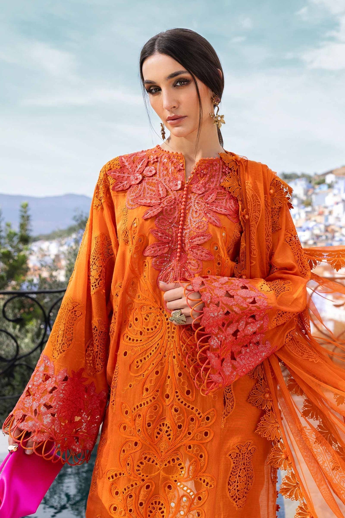Maria B 3 Piece Unstitched Embroidered Paper Cotton Suit | D-2505-B Style — Mairaz Orange Three-Piece Suit