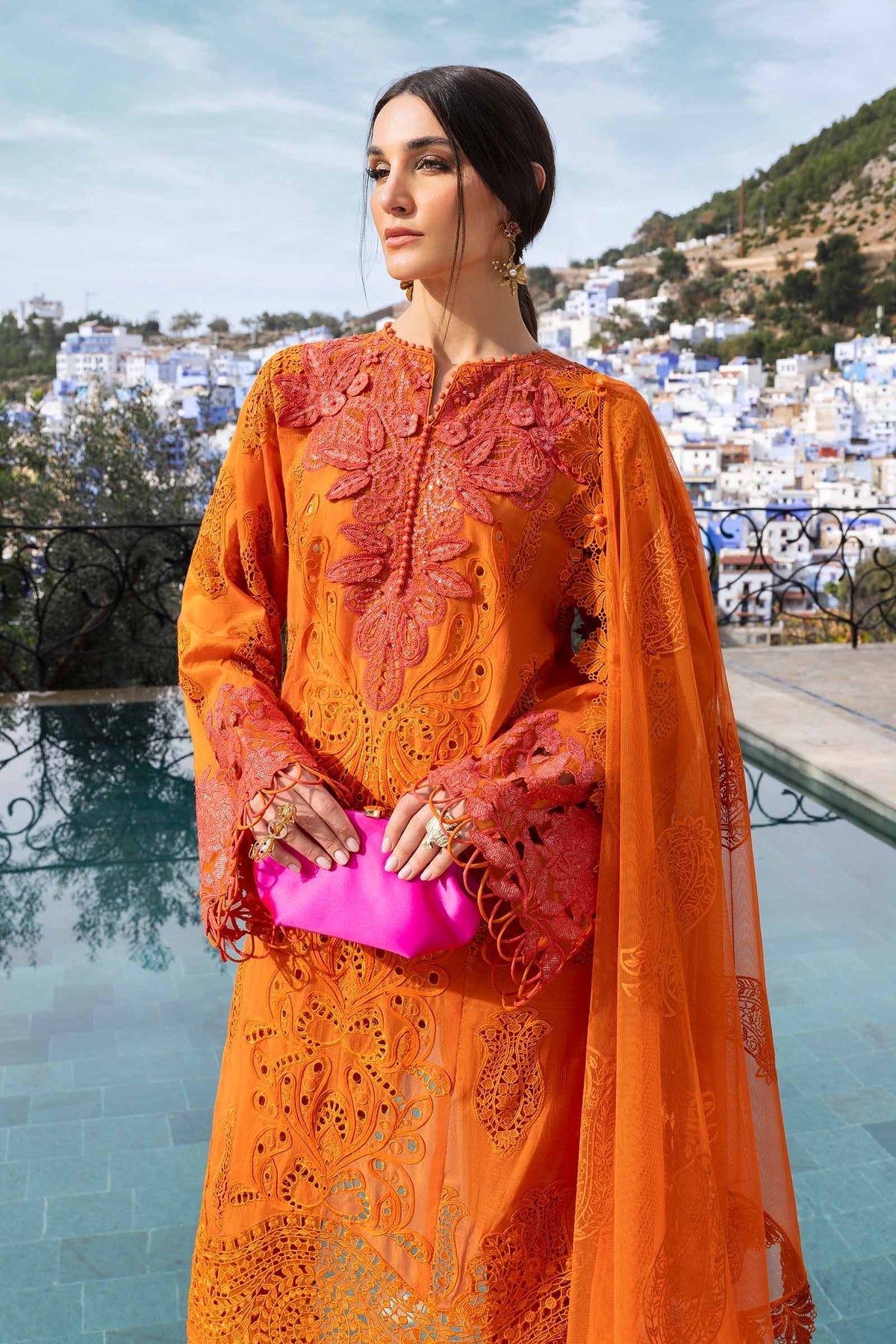 Maria B 3 Piece Unstitched Embroidered Paper Cotton Suit | D-2505-B Style — Mairaz Orange Three-Piece Suit