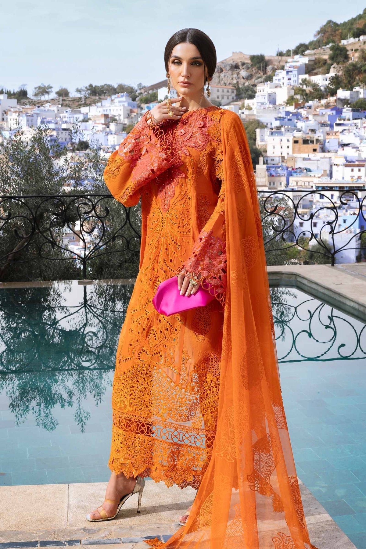 Maria B 3 Piece Unstitched Embroidered Paper Cotton Suit | D-2505-B Style — Mairaz Orange Three-Piece Suit
