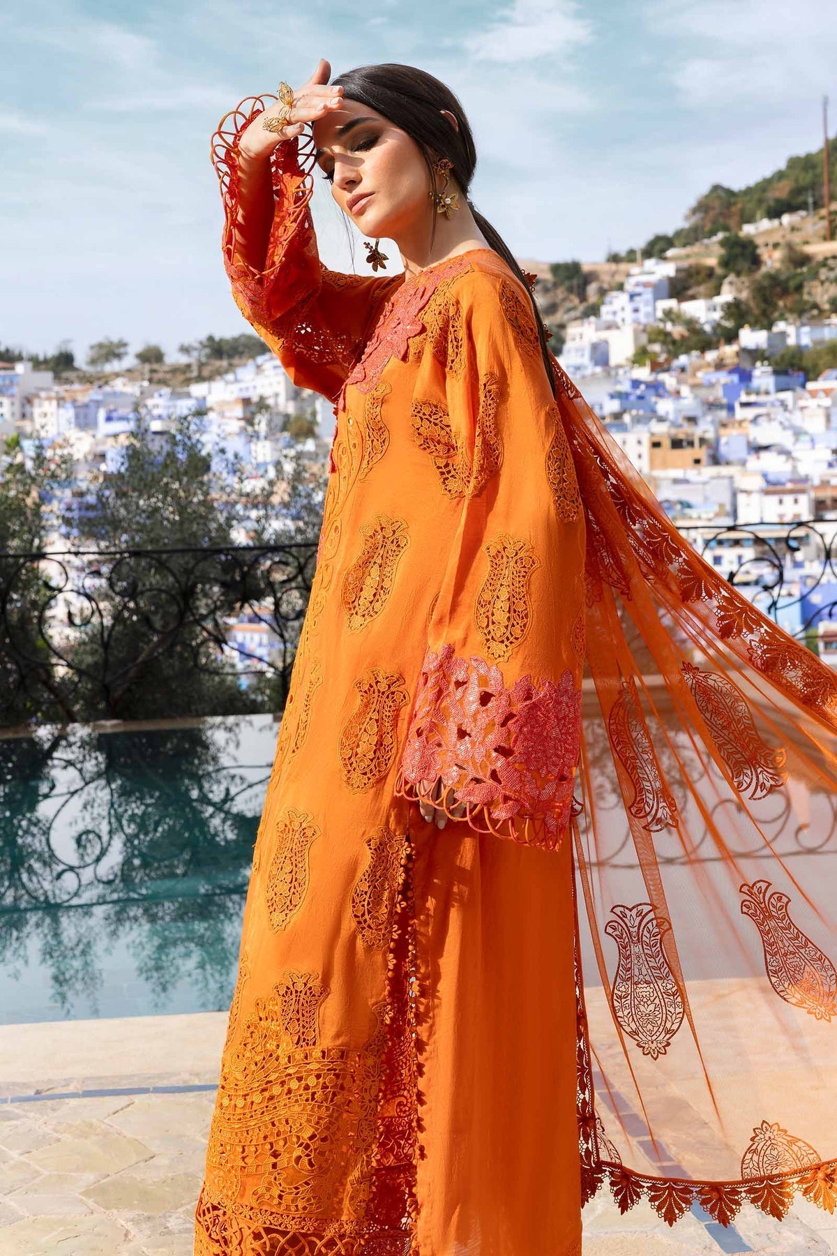 Maria B 3 Piece Unstitched Embroidered Paper Cotton Suit | D-2505-B Style — Mairaz Orange Three-Piece Suit