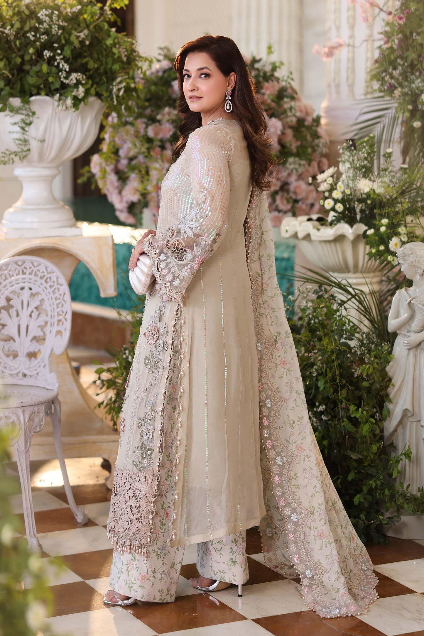 Ivory chiffon Pakistani suit, MPC-26-107 style, back view
