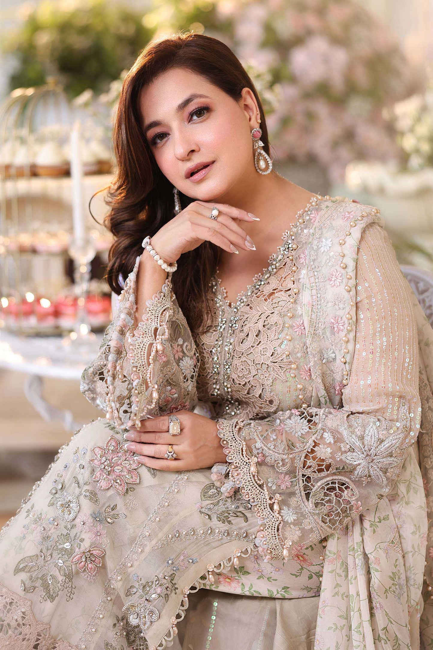 Ivory chiffon Pakistani suit, MPC-26-107 style, embroidery detail