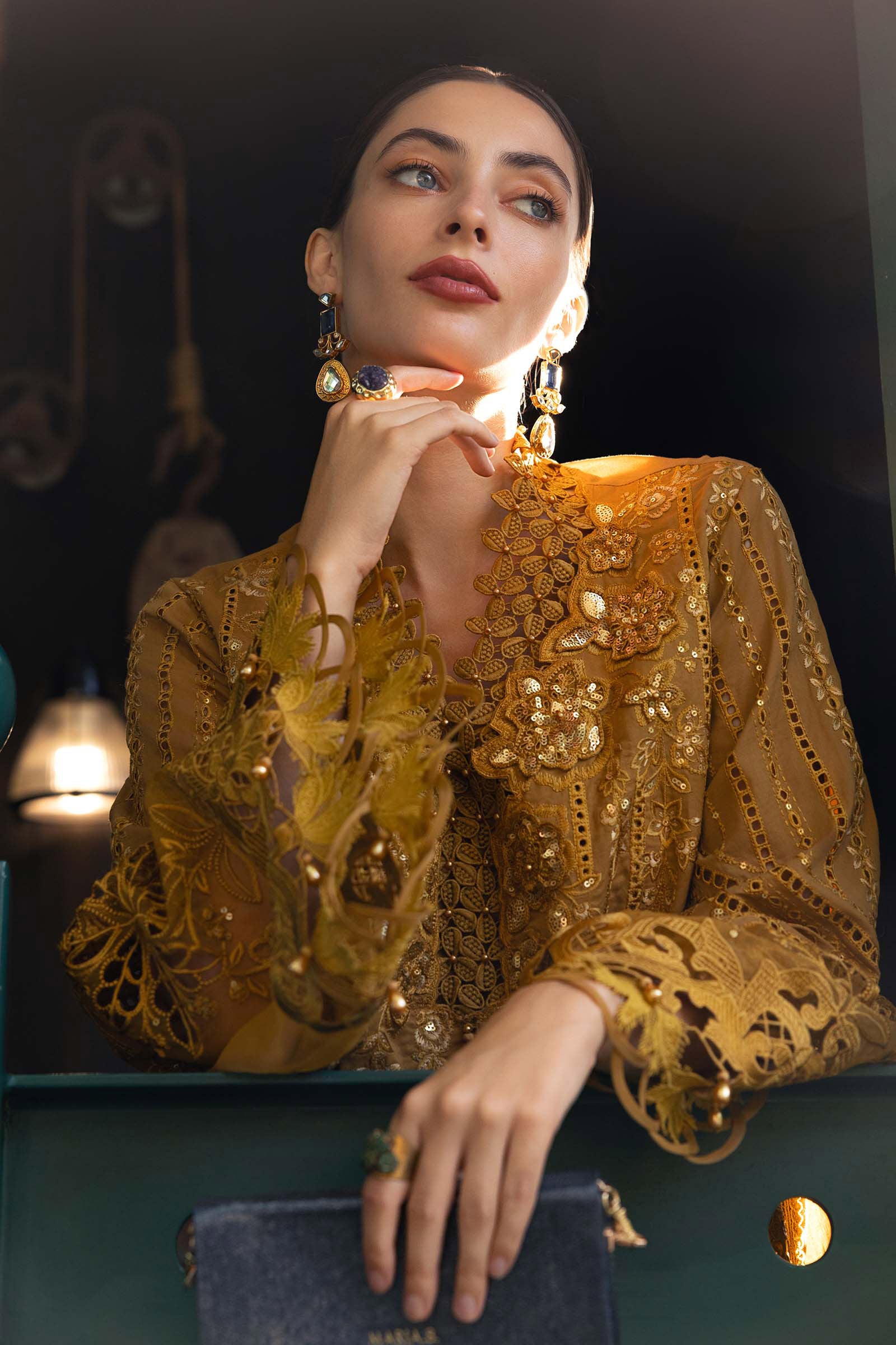 Mustard lawn Pakistani suit, EL-26-07 style, embroidery detail