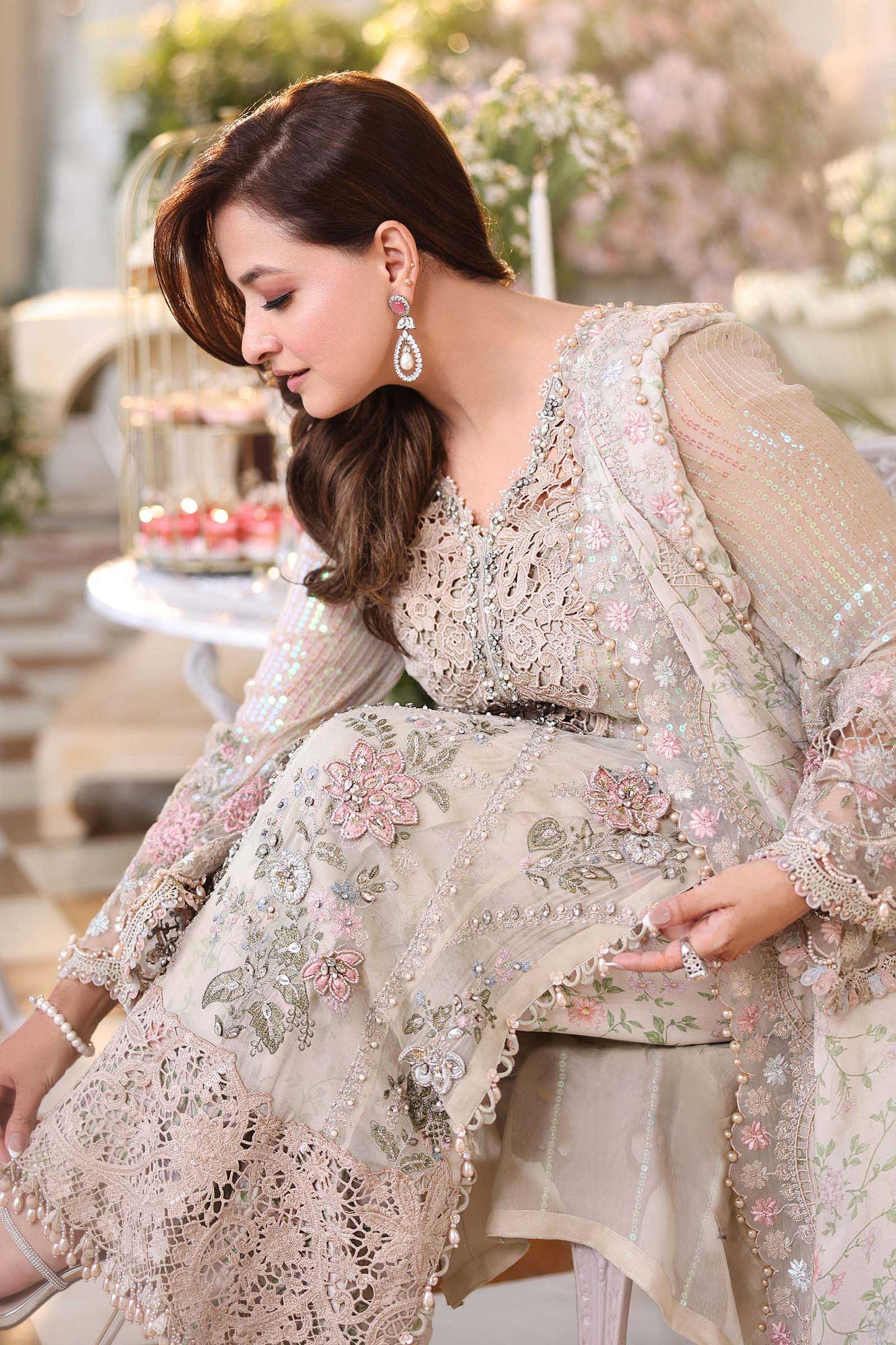 Ivory chiffon Pakistani suit, MPC-26-107 style, embroidery detail
