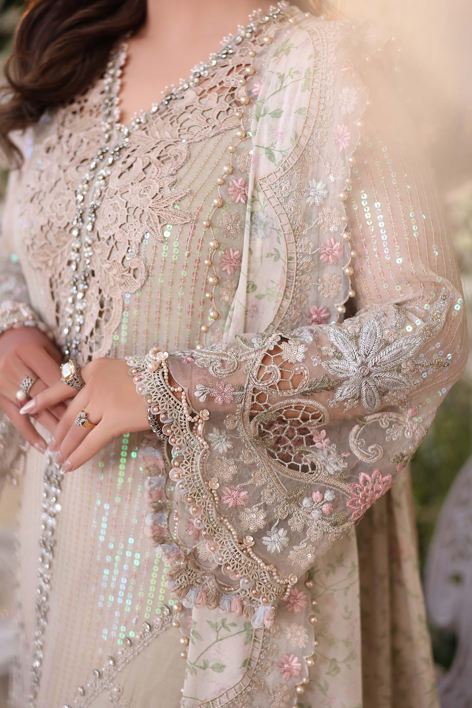 Ivory chiffon Pakistani suit, MPC-26-107 style, embroidery detail