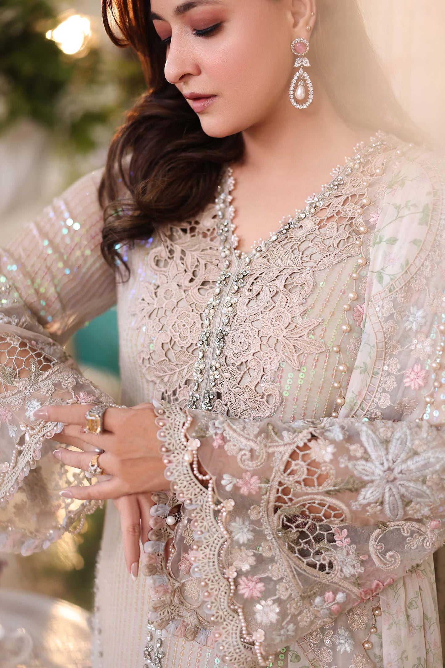 Ivory chiffon Pakistani suit, MPC-26-107 style, embroidery detail