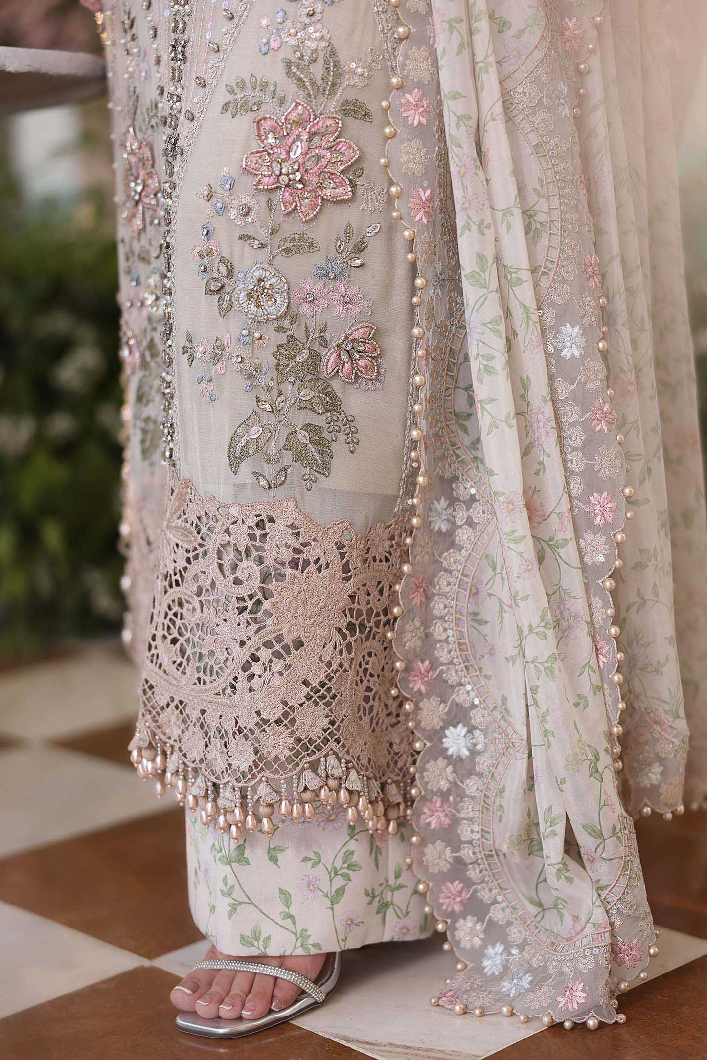 Ivory chiffon Pakistani suit, MPC-26-107 style, embroidery detail