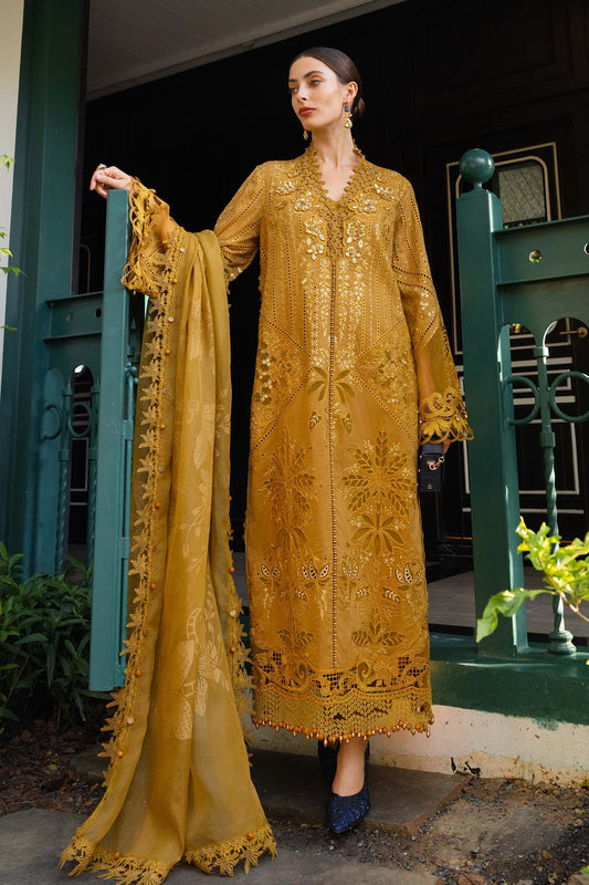 Mustard lawn Pakistani suit, EL-26-07 style, front view