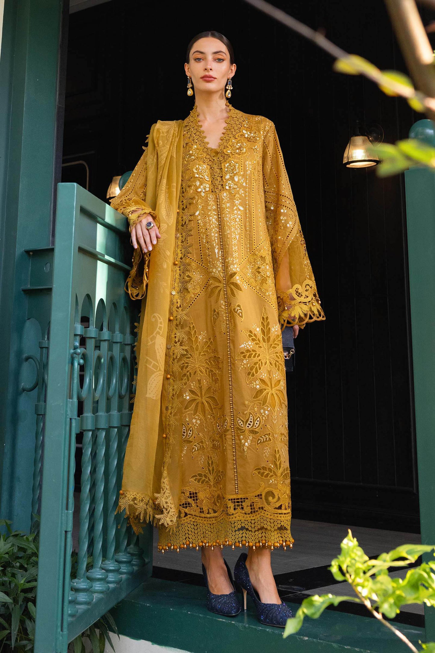 Mustard lawn Pakistani suit, EL-26-07 style, front view