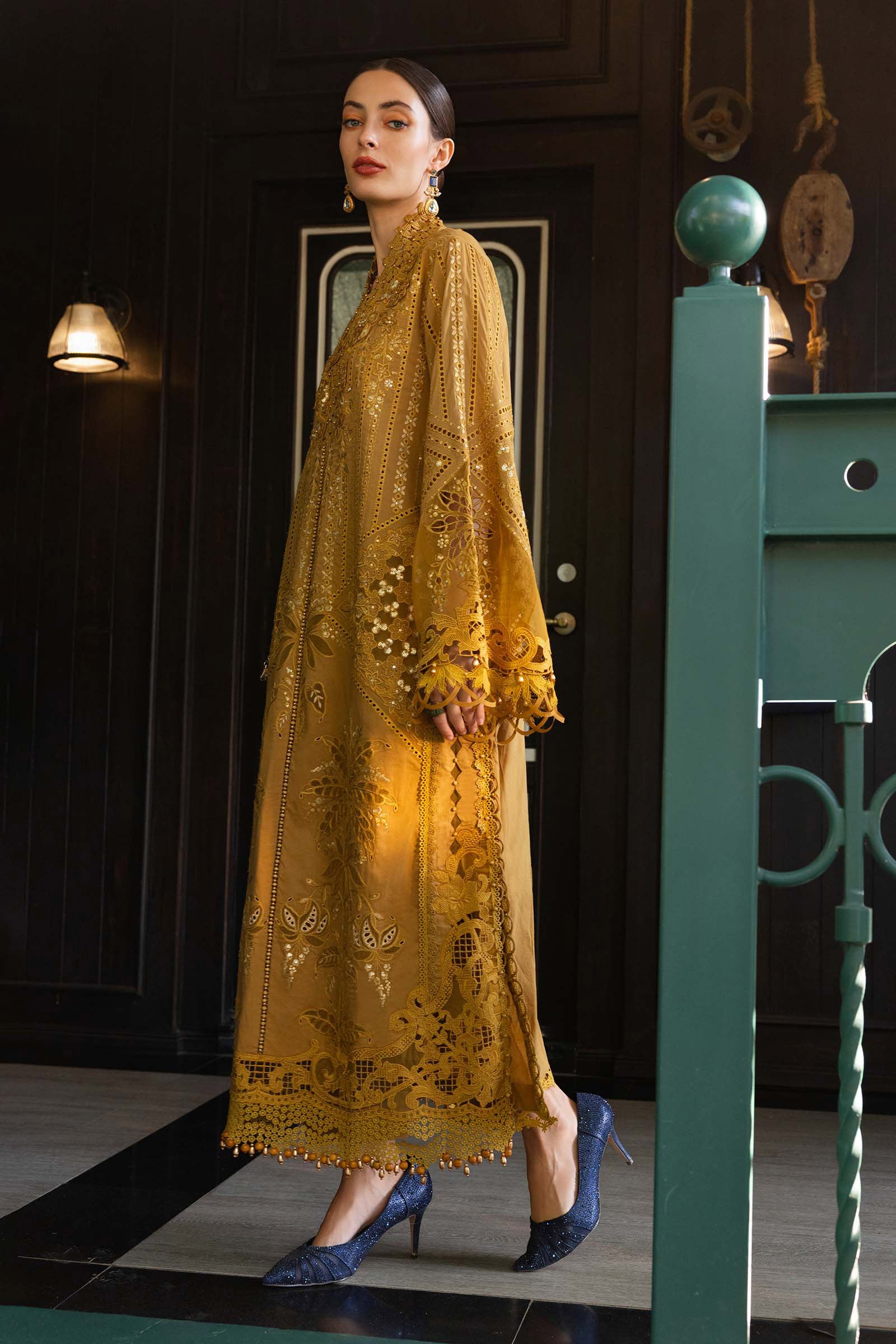 Mustard lawn Pakistani suit, EL-26-07 style, side view