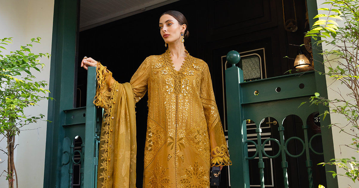 Mustard lawn Pakistani suit, EL-26-07 style, design detail
