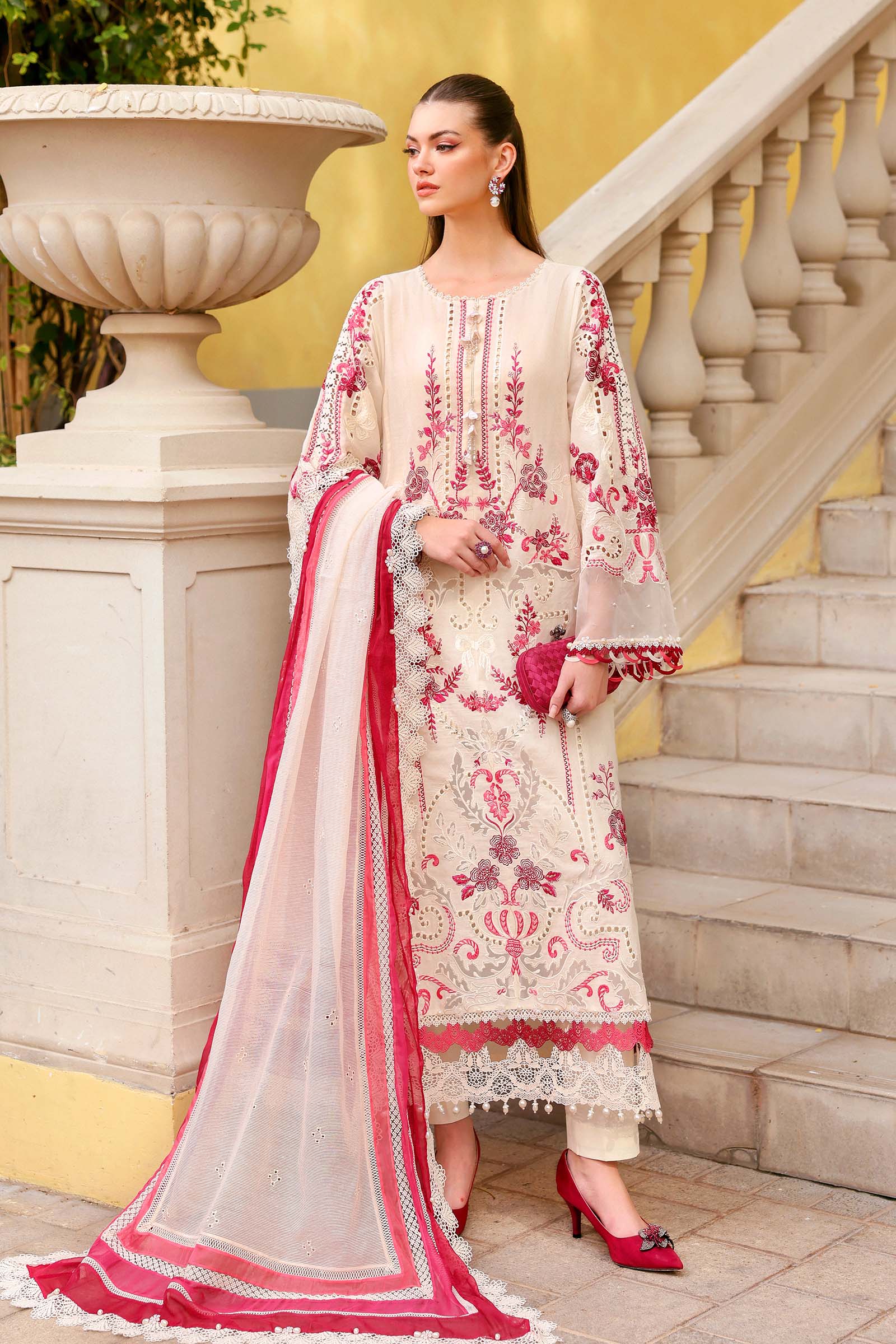 Maria B D-2609-A Style — Mairaz Off-White & Pink Lawn Suit