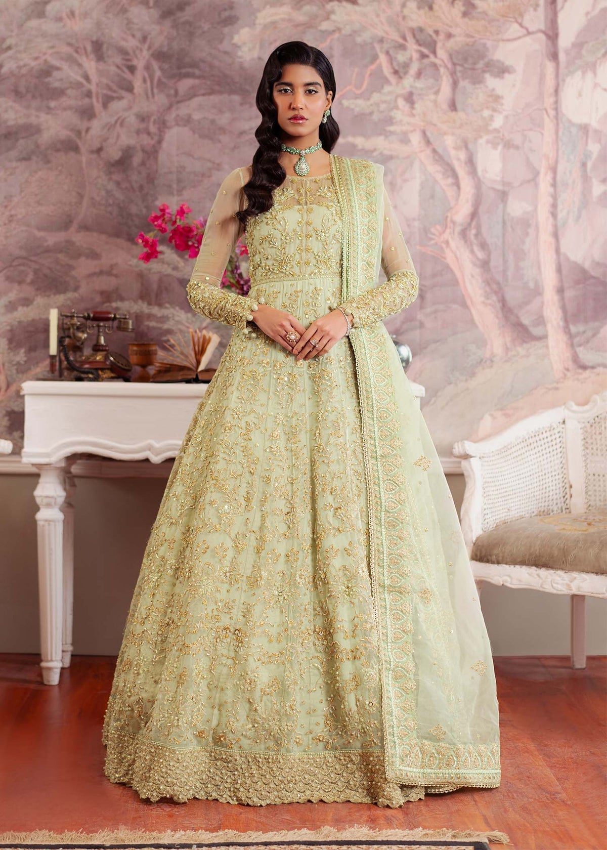 Opaline pistachio pishwas, reference outfit photograph 1 — Made by Mairaz reproduction