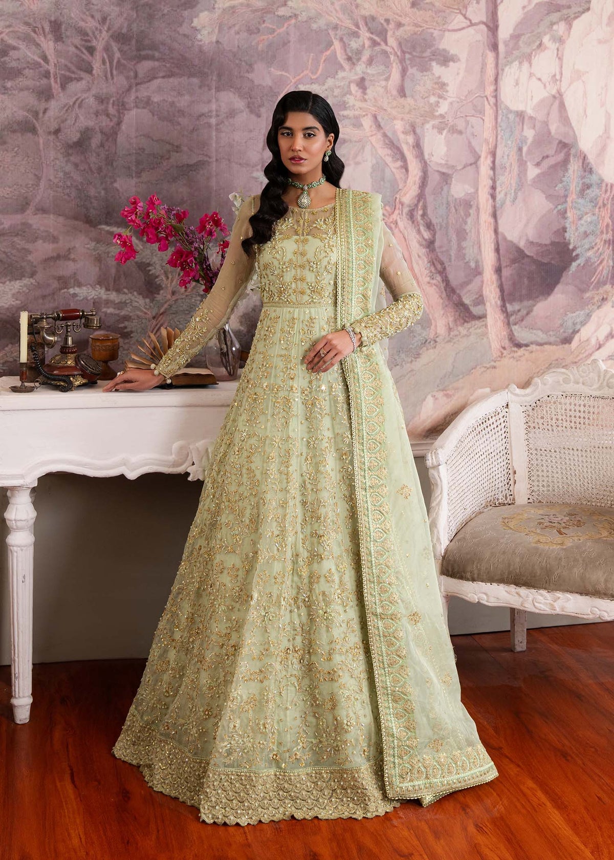 Opaline pistachio pishwas, reference outfit photograph 7 — Made by Mairaz reproduction