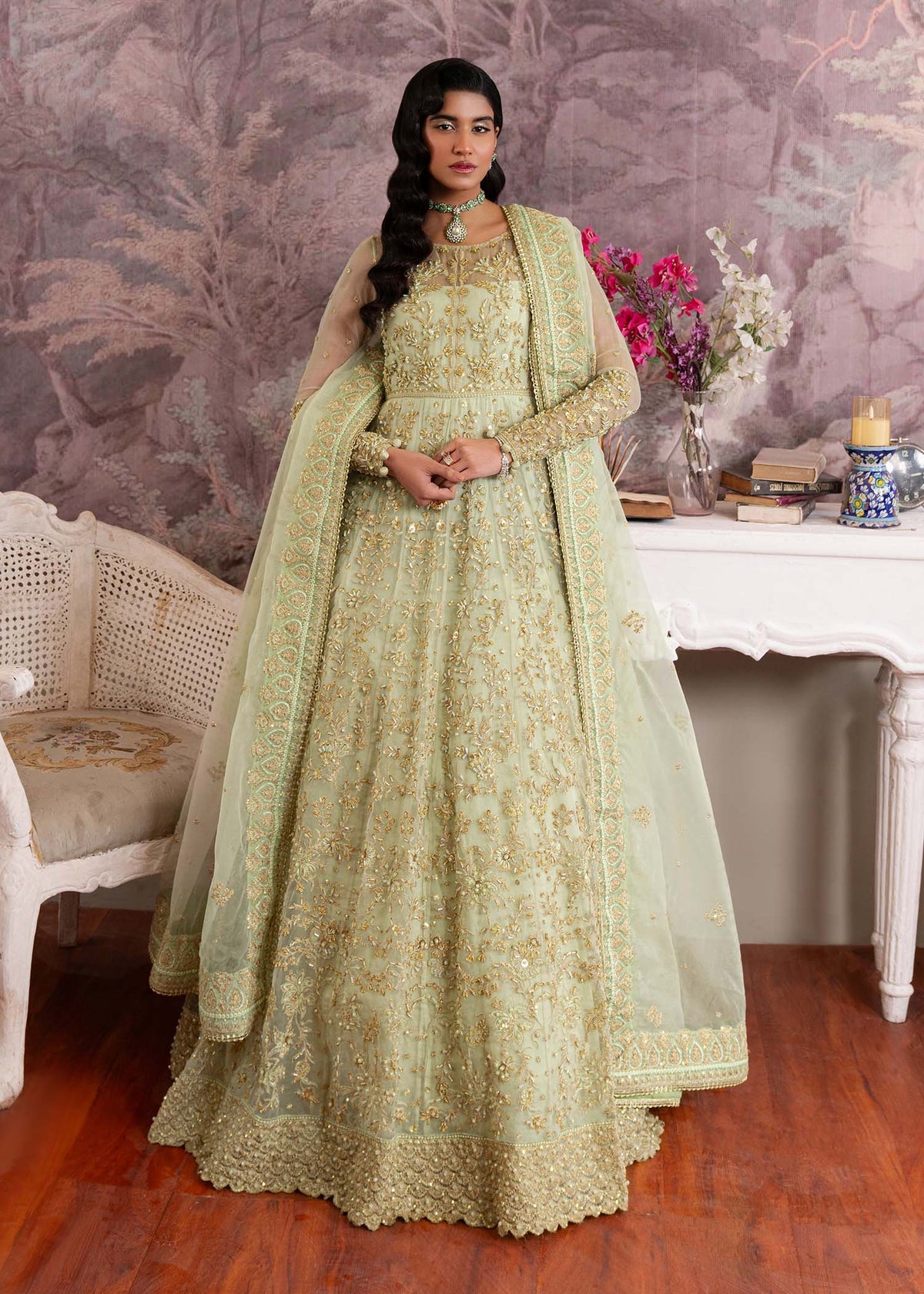 Opaline pistachio pishwas, reference outfit photograph 5 — Made by Mairaz reproduction