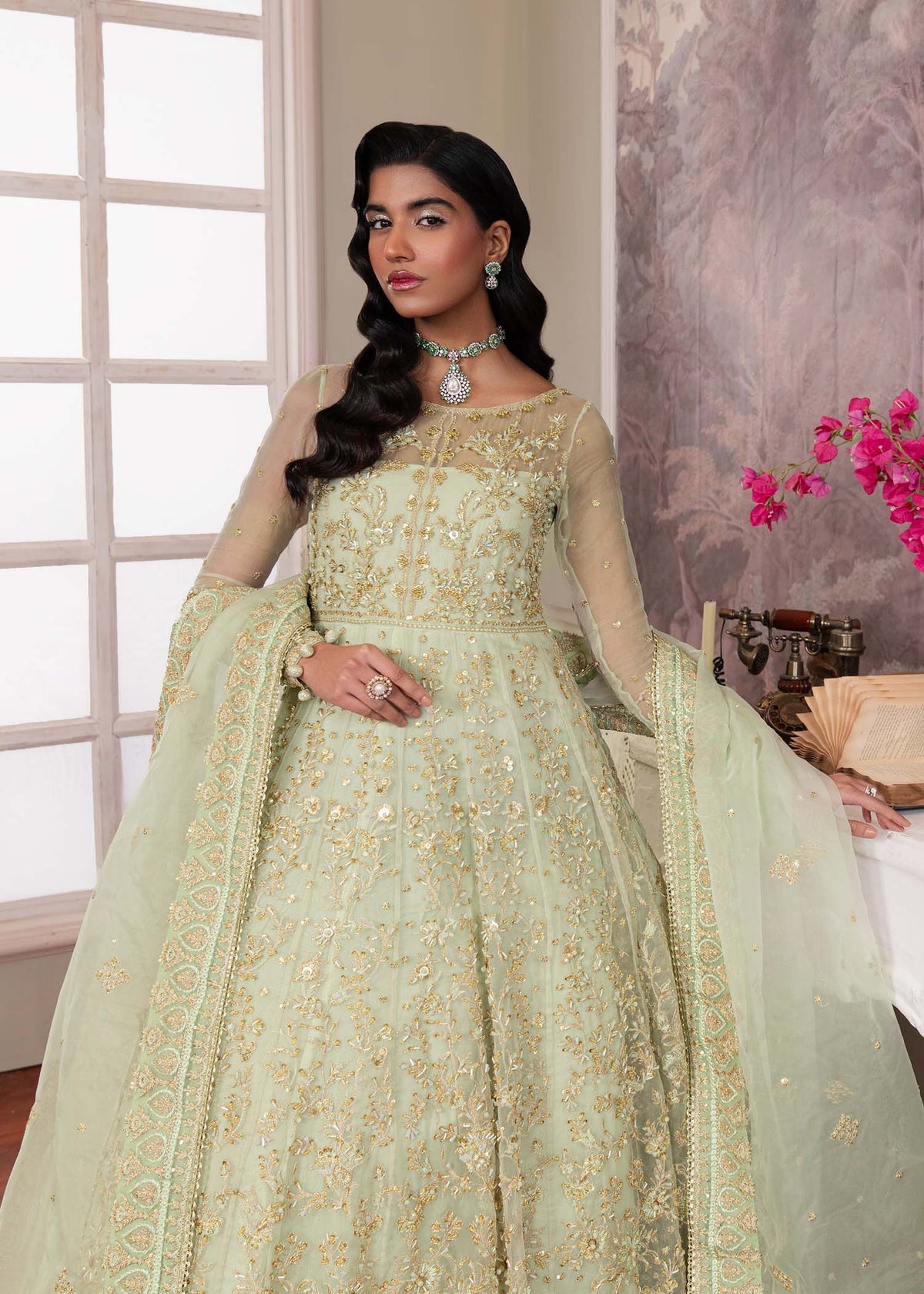 Opaline pistachio pishwas, reference outfit photograph 2 — Made by Mairaz reproduction
