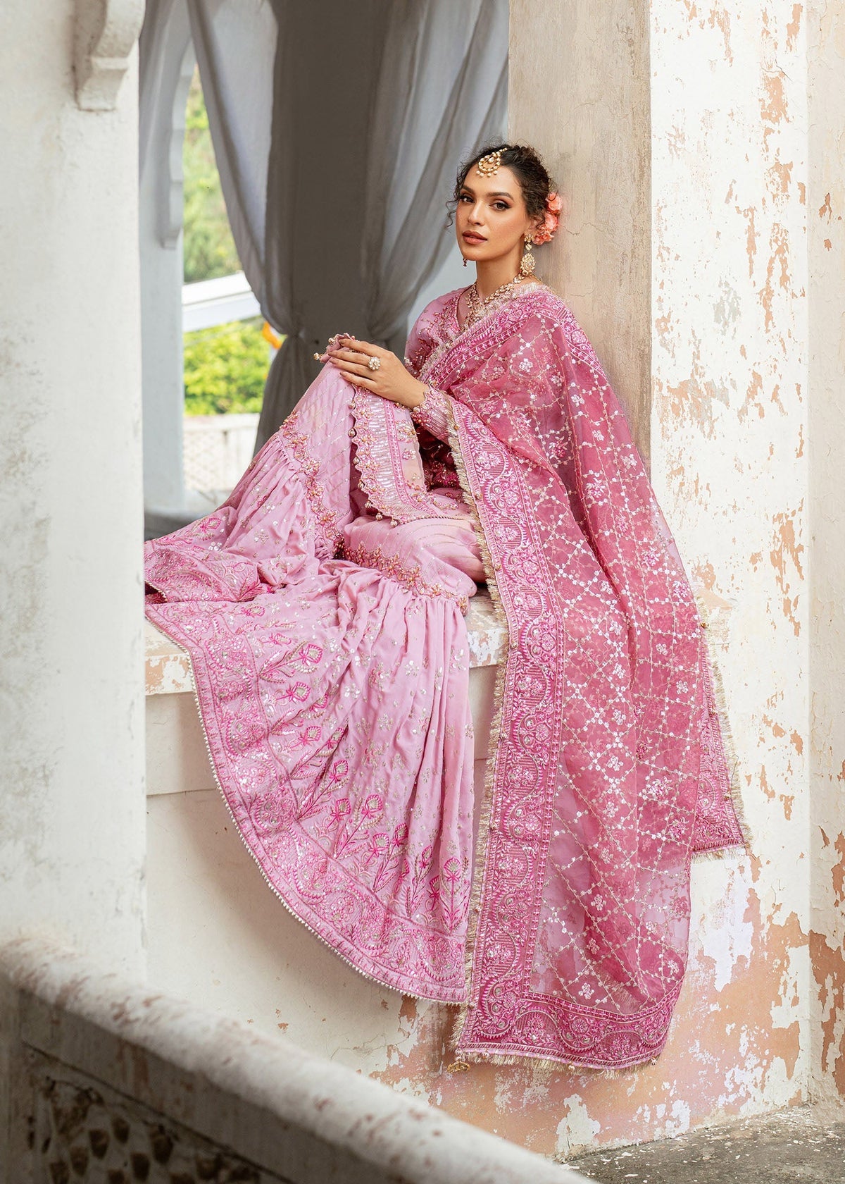 Gulnar pink gharara suit, reference outfit photograph 9 — Made by Mairaz reproduction