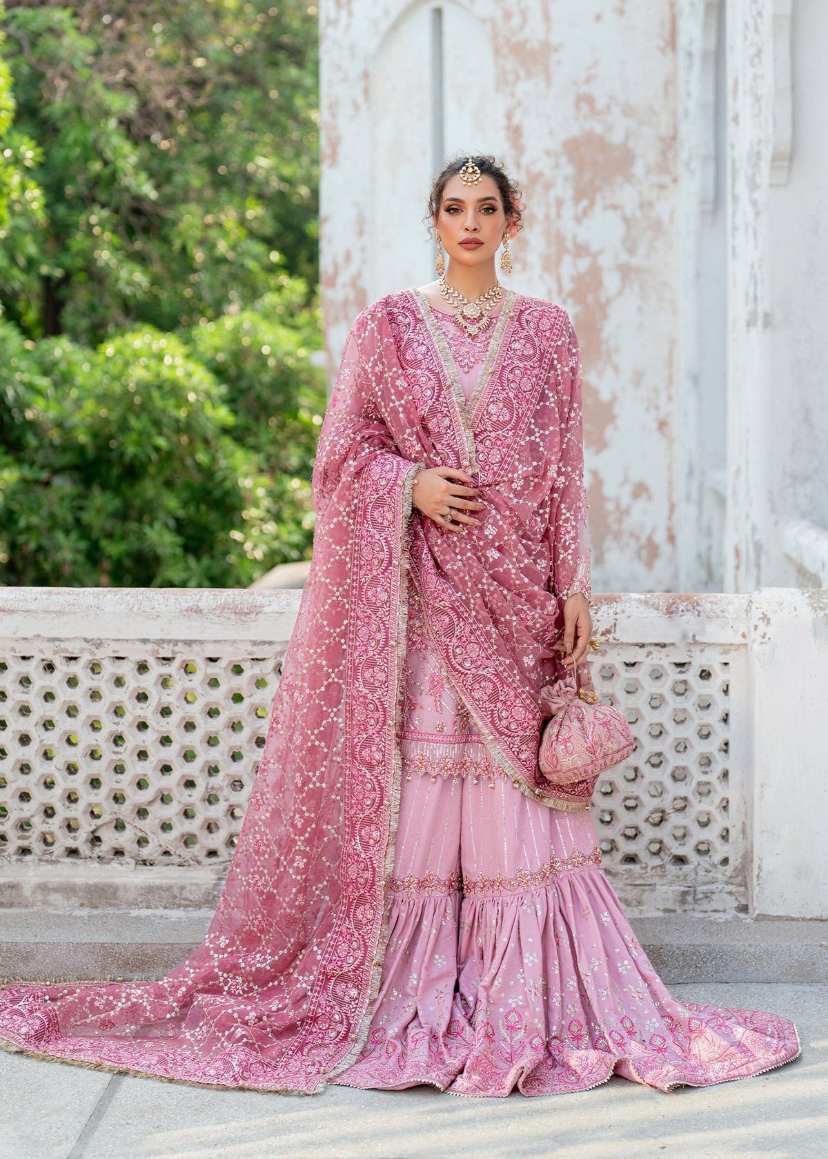 Gulnar pink gharara suit, reference outfit photograph 1 — Made by Mairaz reproduction