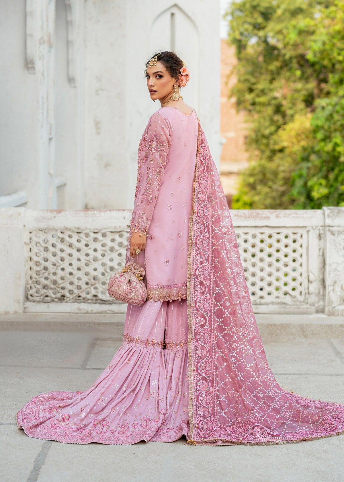 Gulnar pink gharara suit, reference outfit photograph 5 — Made by Mairaz reproduction