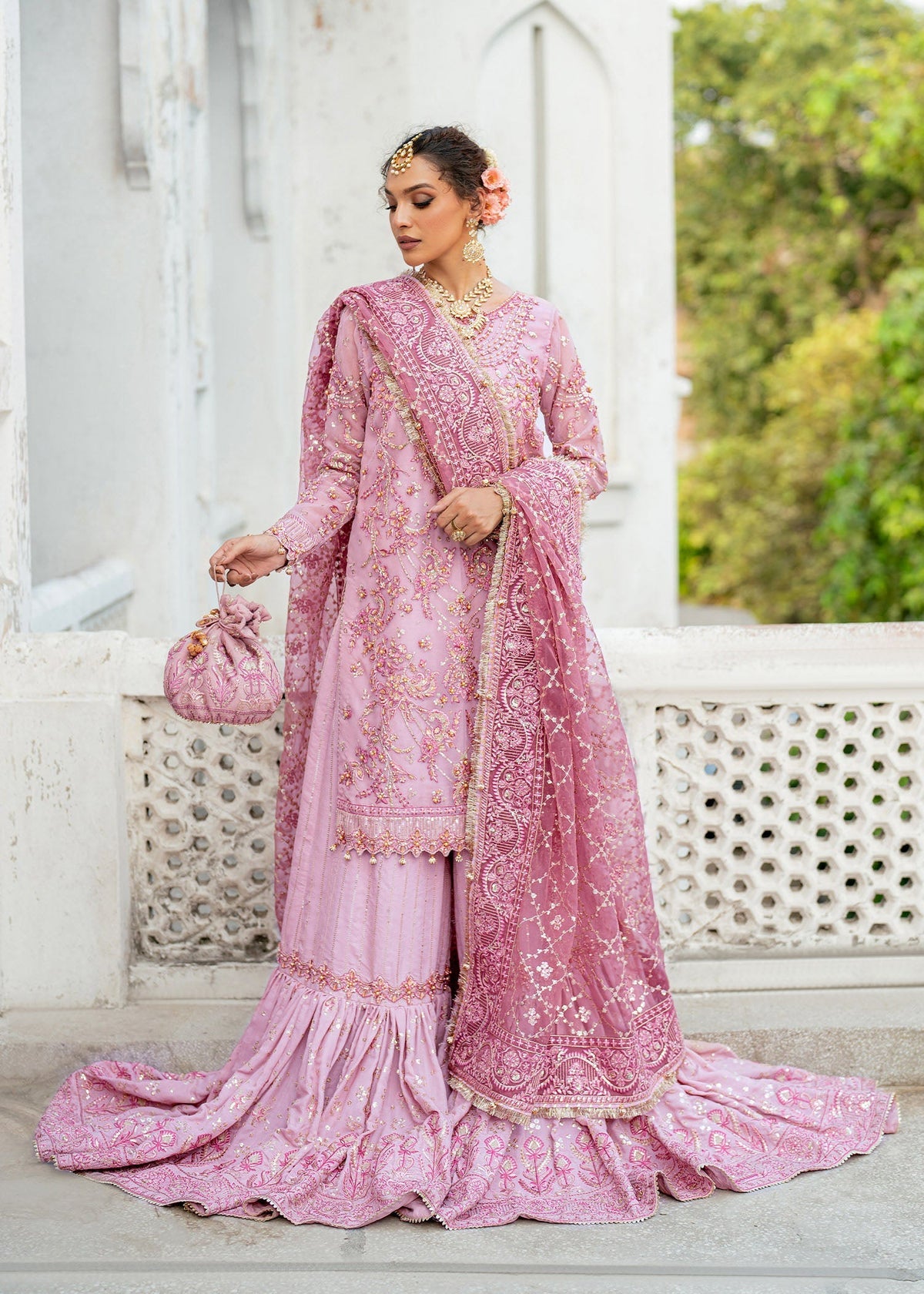 Gulnar pink gharara suit, reference outfit photograph 6 — Made by Mairaz reproduction