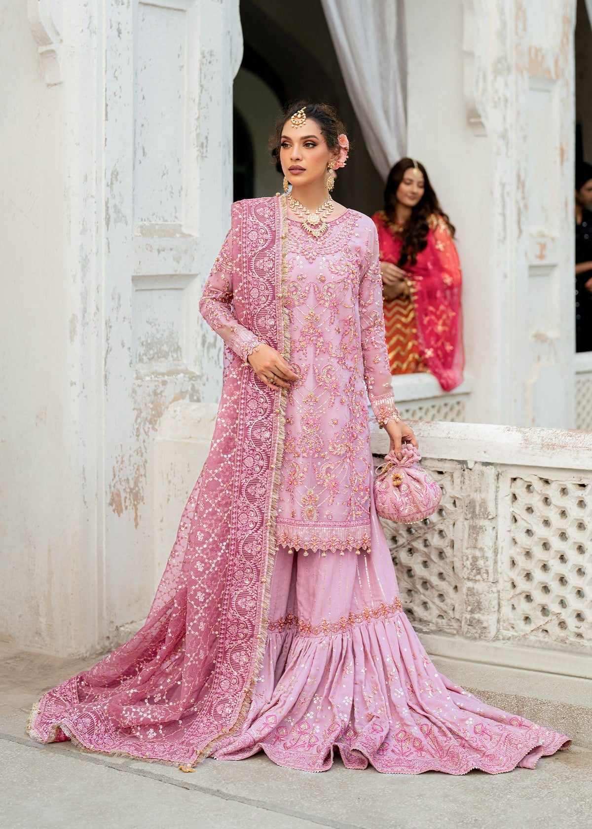 Gulnar pink gharara suit, reference outfit photograph 7 — Made by Mairaz reproduction