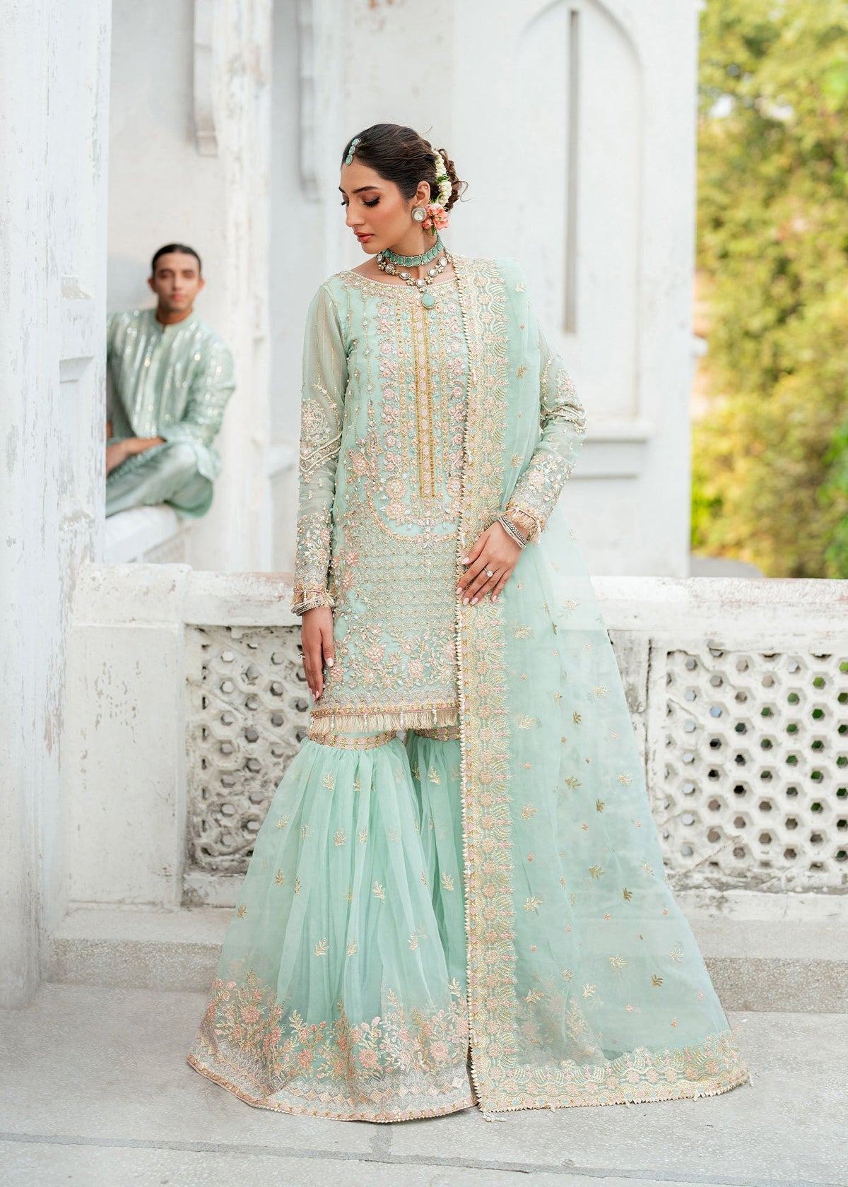 Janna pale green gharara suit, reference outfit photograph 1 — Made by Mairaz reproduction