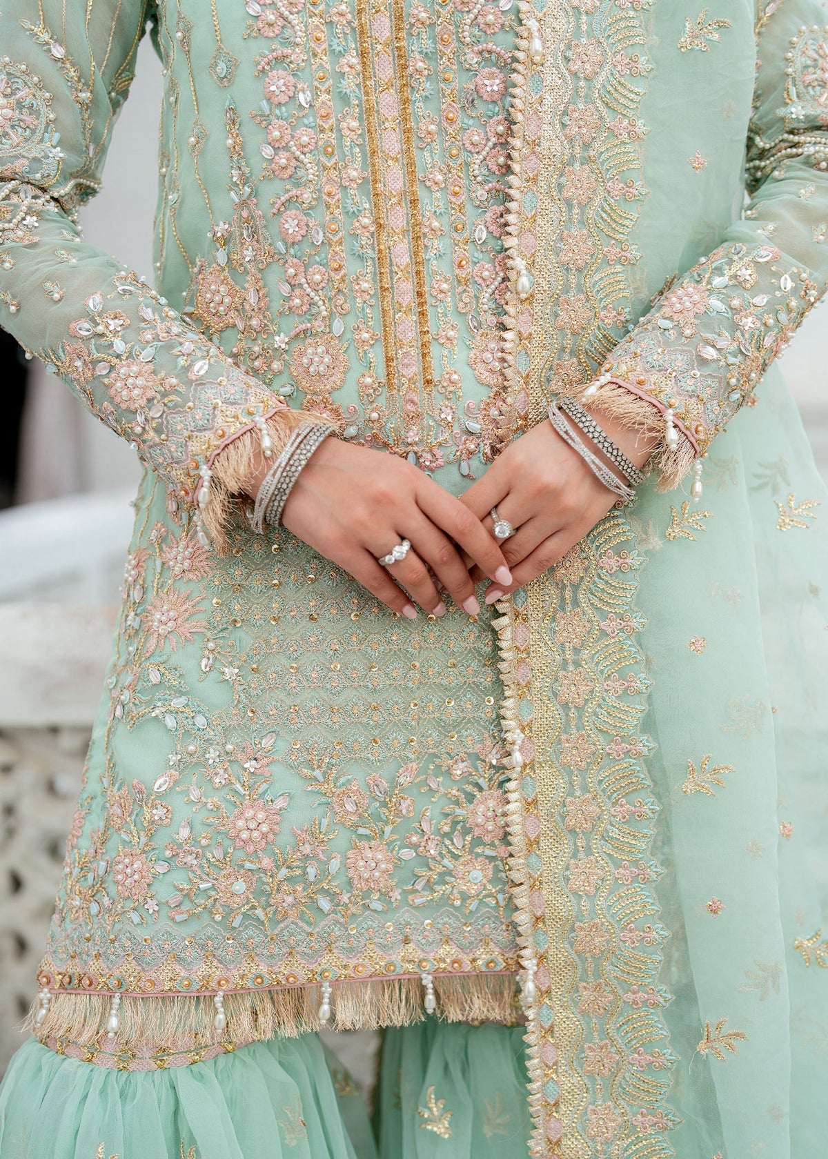 Janna pale green gharara suit, reference outfit photograph 11 — Made by Mairaz reproduction