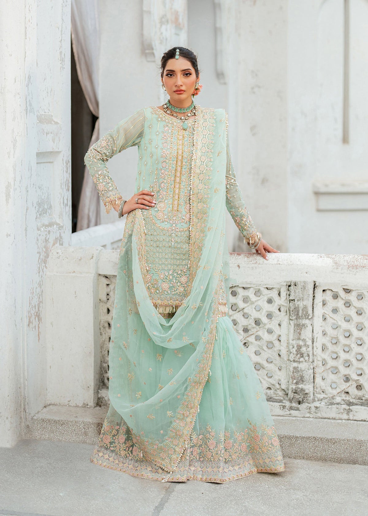 Janna pale green gharara suit, reference outfit photograph 3 — Made by Mairaz reproduction