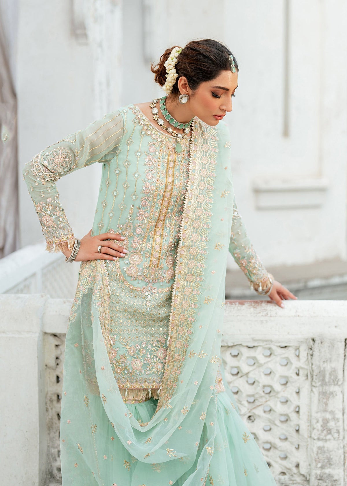 Janna pale green gharara suit, reference outfit photograph 4 — Made by Mairaz reproduction