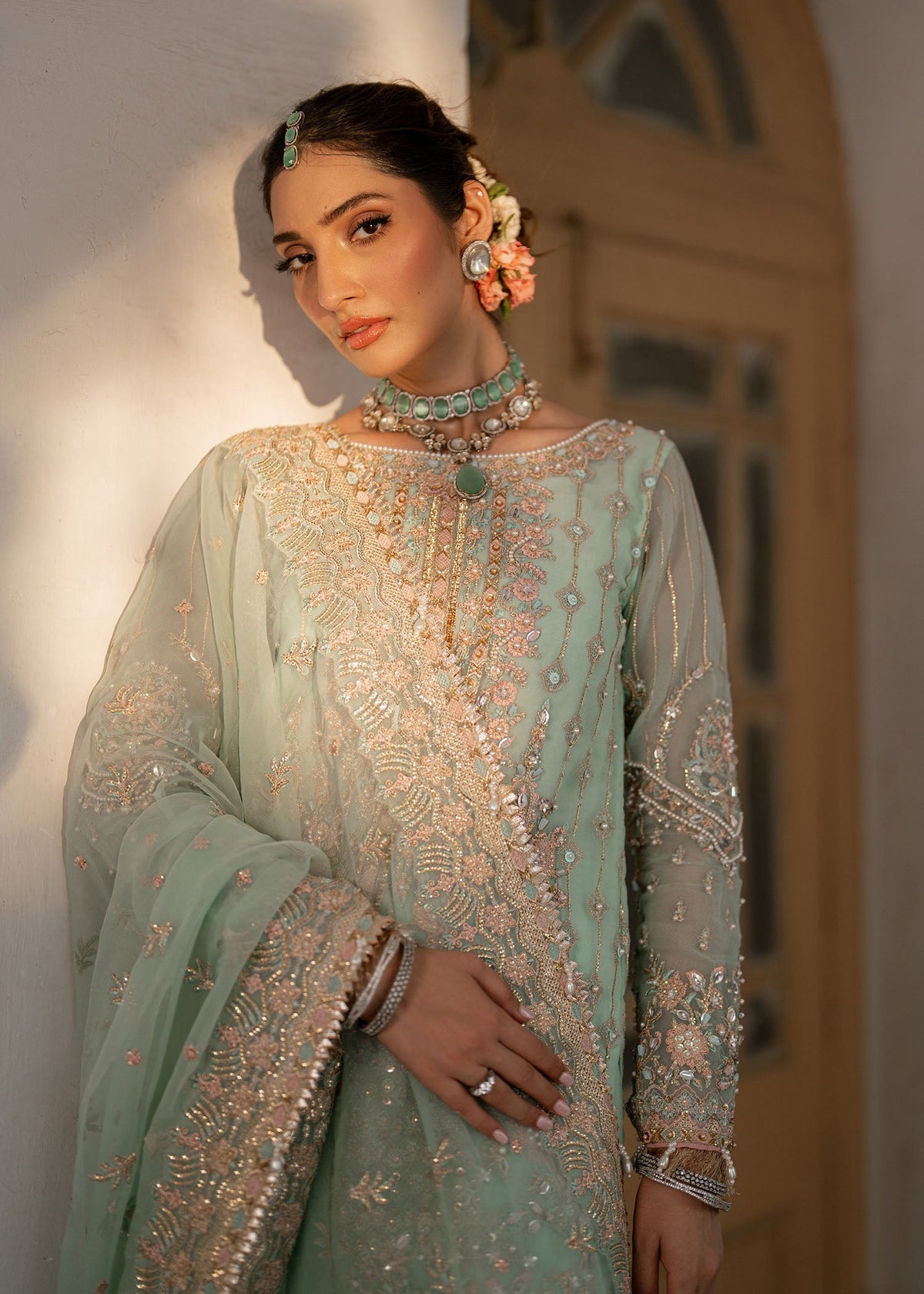 Janna pale green gharara suit, reference outfit photograph 7 — Made by Mairaz reproduction