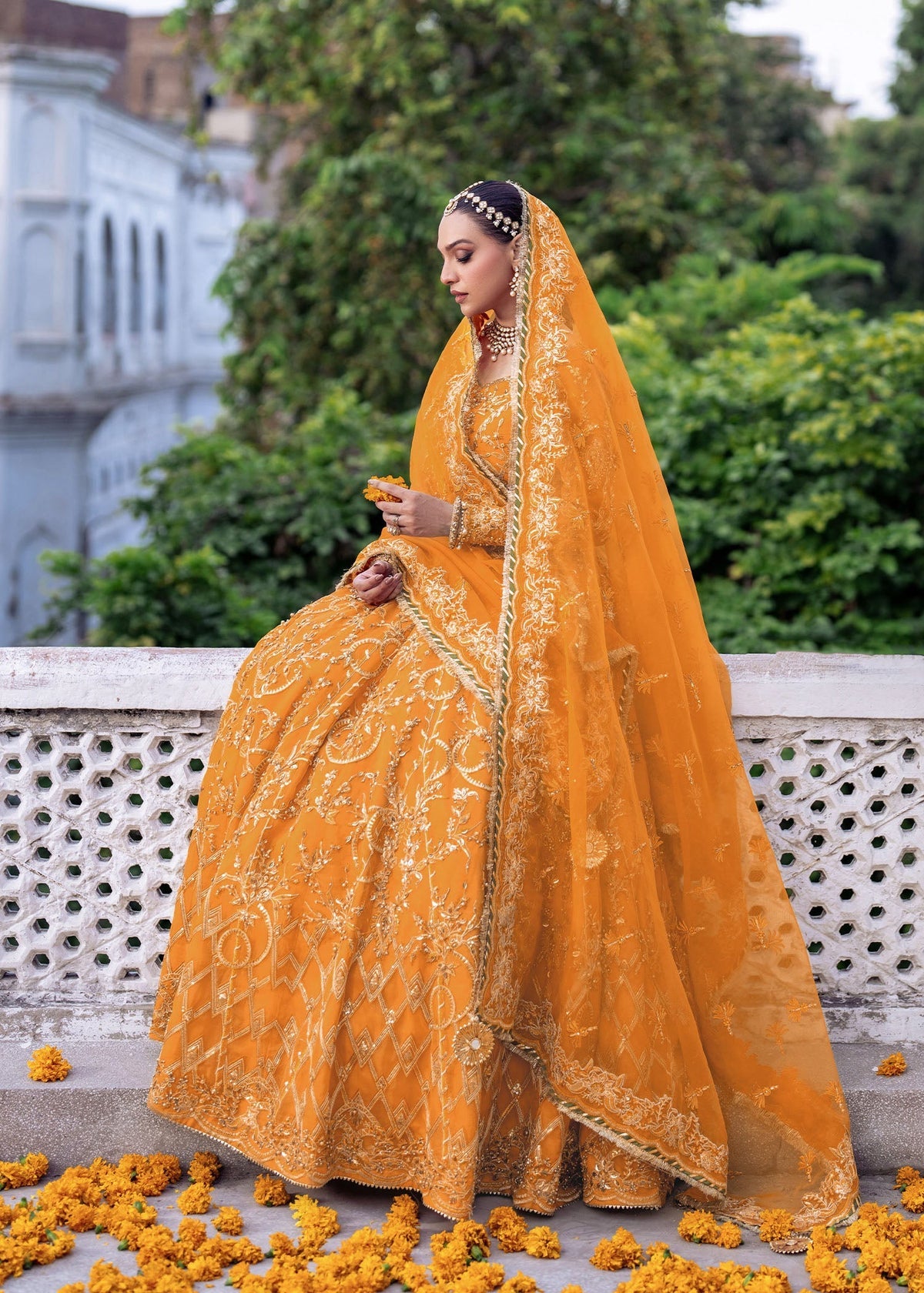 Tehzeeb orange lehenga choli, reference outfit photograph 2 — Made by Mairaz reproduction