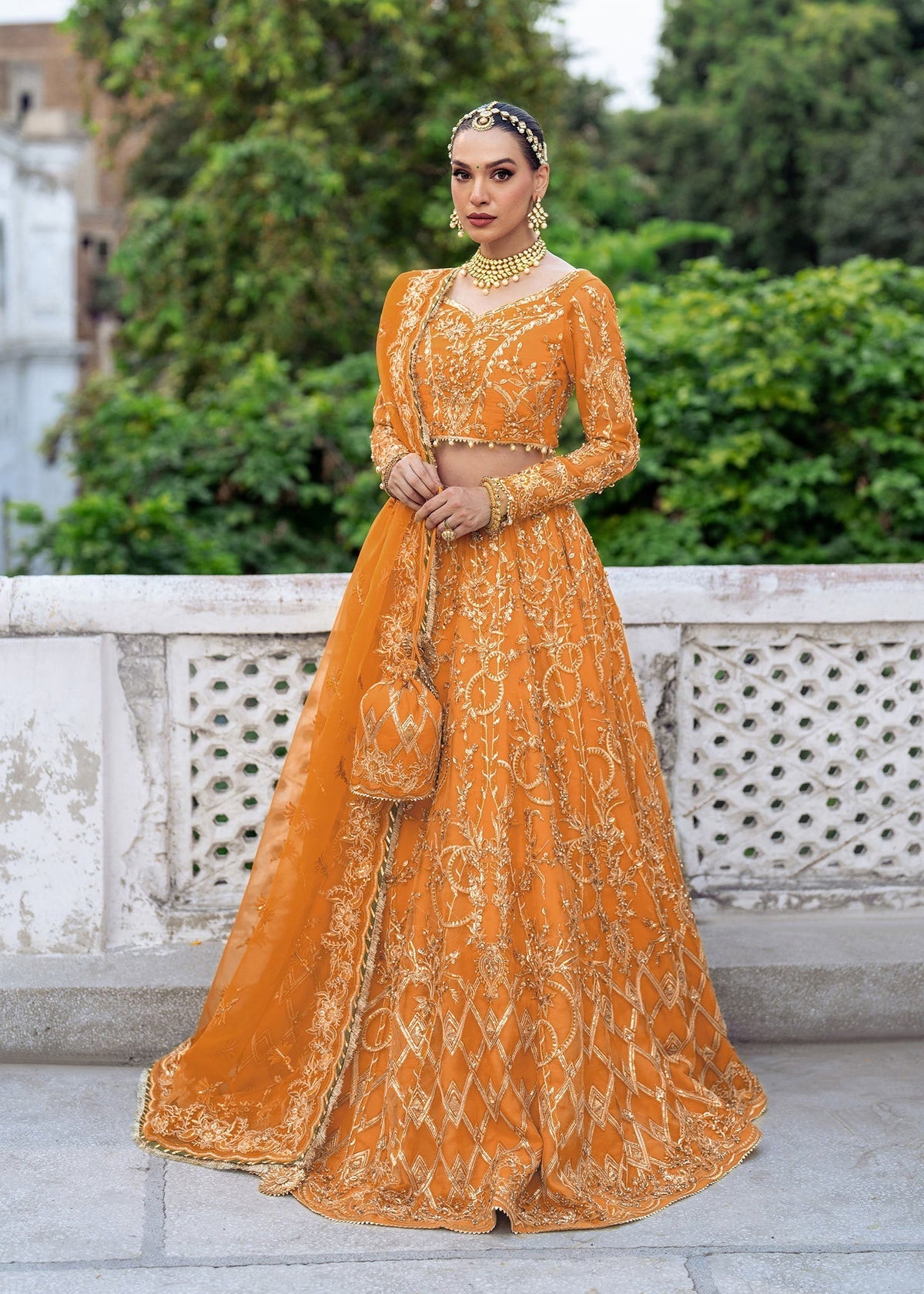 Tehzeeb orange lehenga choli, reference outfit photograph 5 — Made by Mairaz reproduction
