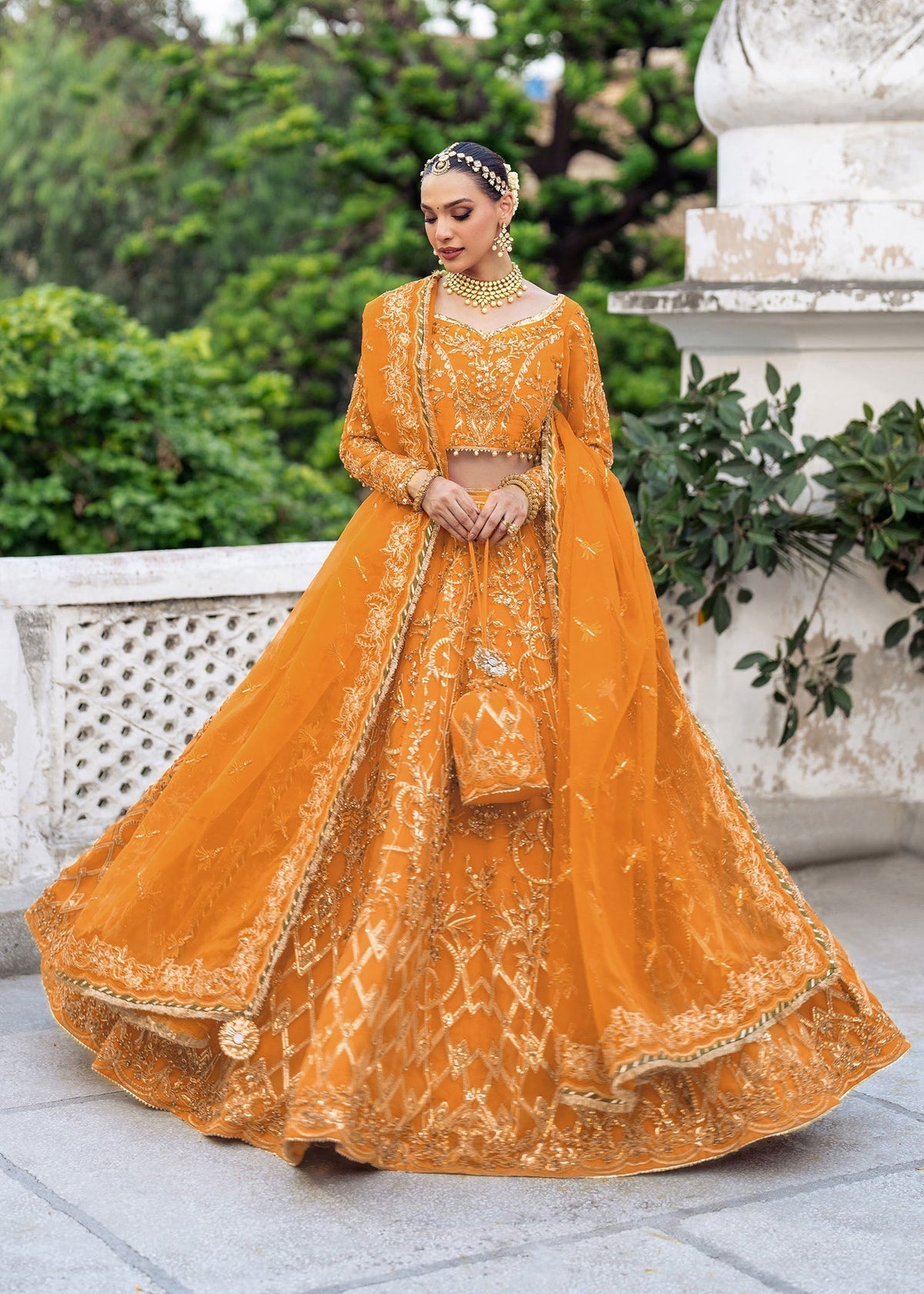 Tehzeeb orange lehenga choli, reference outfit photograph 1 — Made by Mairaz reproduction
