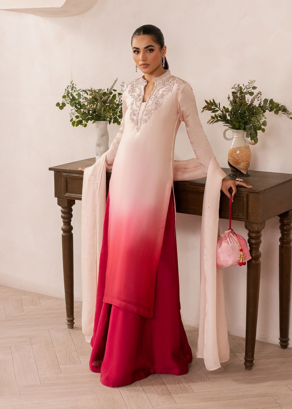Coral ombre sharara suit, reference outfit photograph 1 — Made by Mairaz reproduction