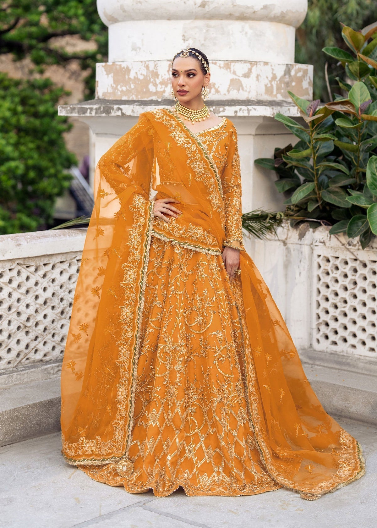 Tehzeeb orange lehenga choli, reference outfit photograph 6 — Made by Mairaz reproduction