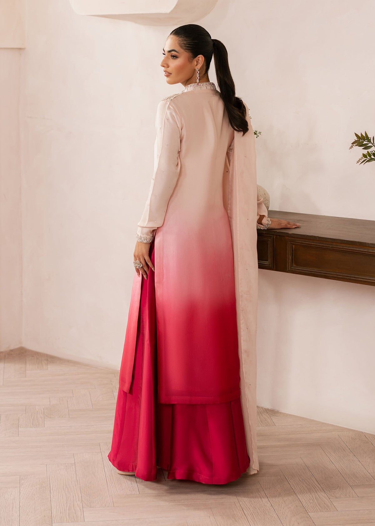 Coral ombre sharara suit, reference outfit photograph 3 — Made by Mairaz reproduction