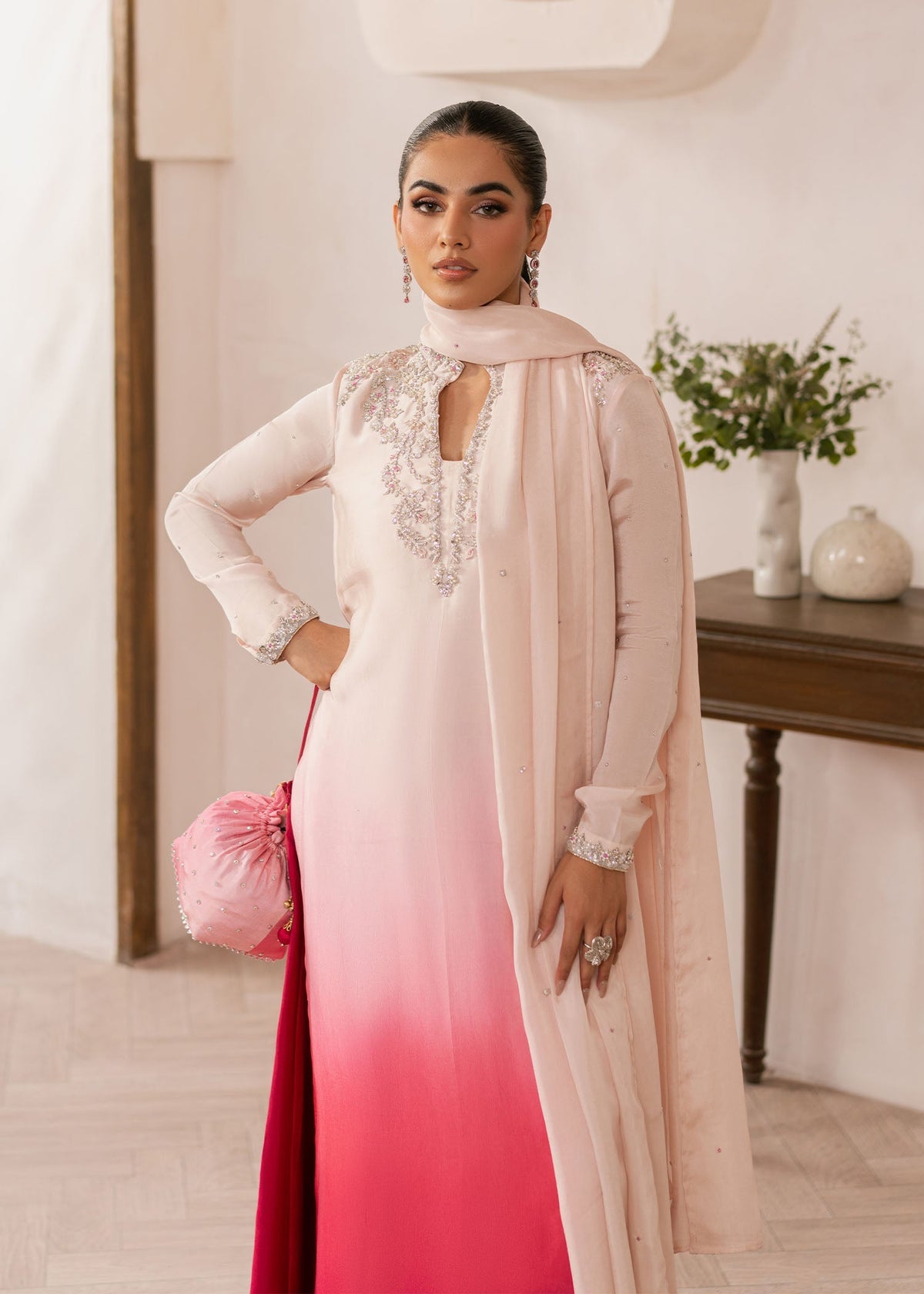 Coral ombre sharara suit, reference outfit photograph 4 — Made by Mairaz reproduction