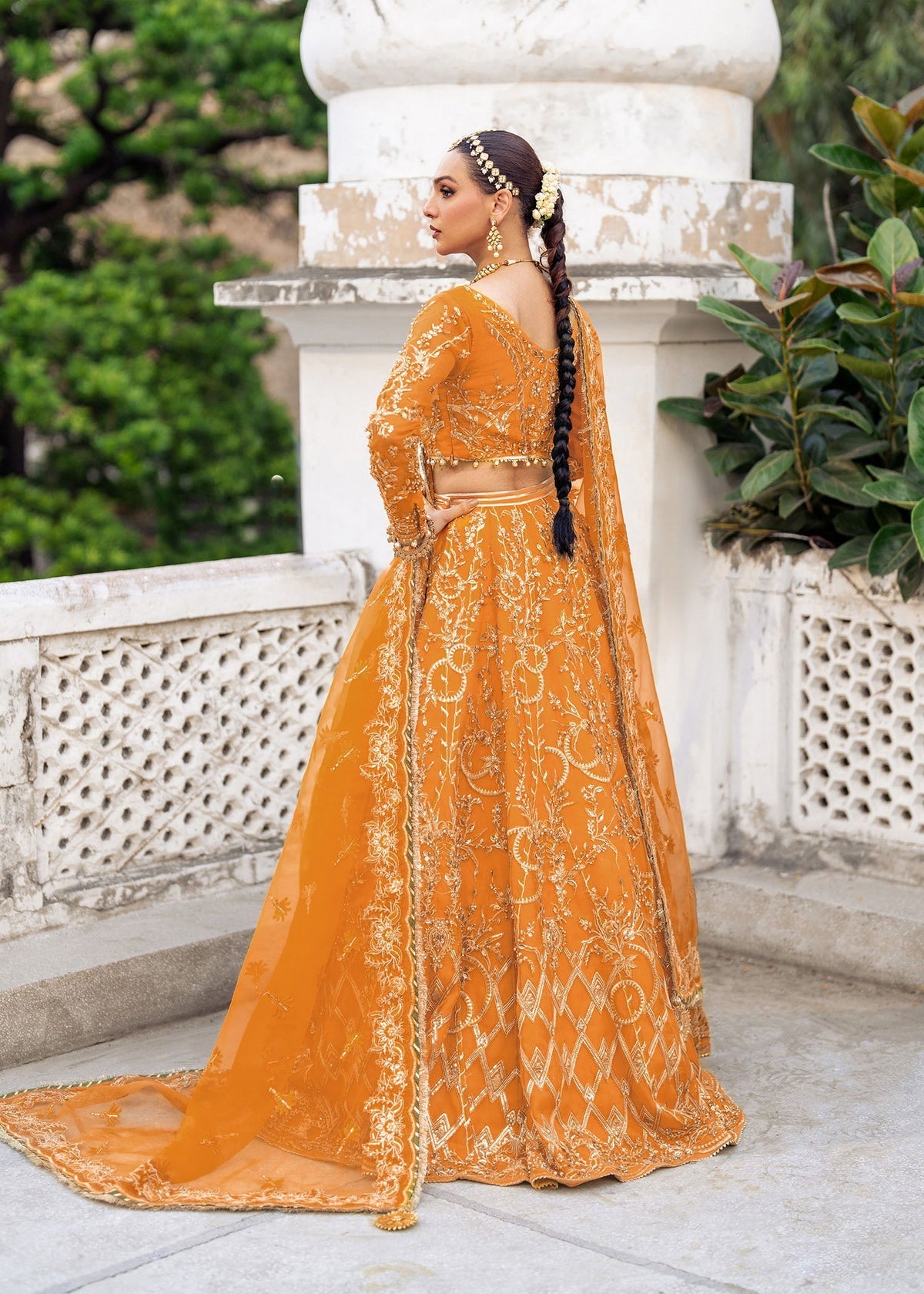 Tehzeeb orange lehenga choli, reference outfit photograph 7 — Made by Mairaz reproduction