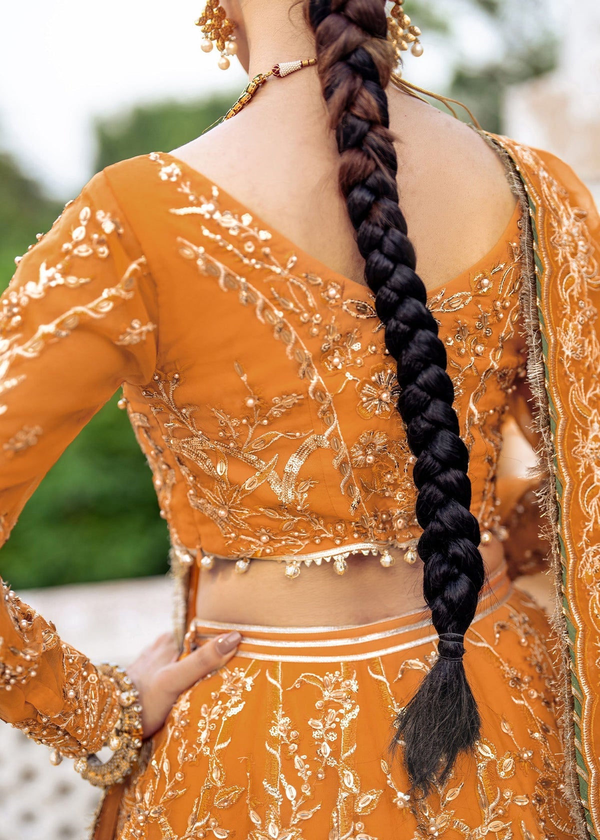 Tehzeeb orange lehenga choli, reference outfit photograph 8 — Made by Mairaz reproduction