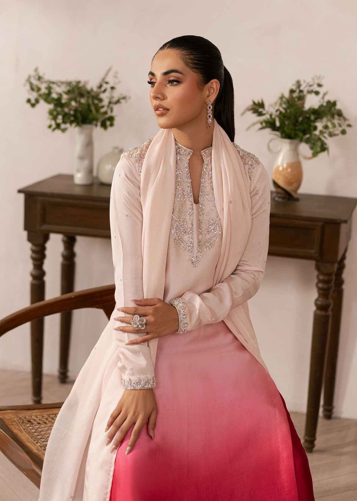 Coral ombre sharara suit, reference outfit photograph 6 — Made by Mairaz reproduction