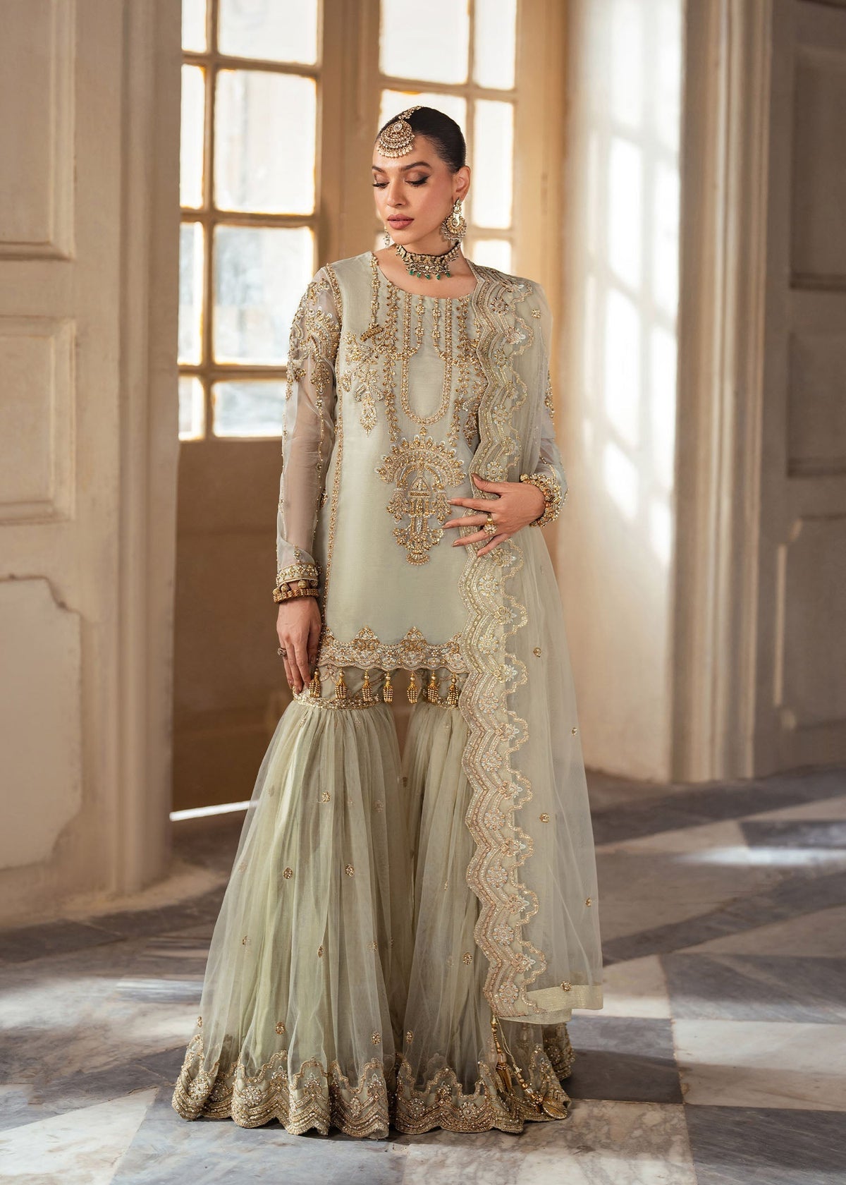 Gul e rana tea green gharara suit, reference outfit photograph 1 — Made by Mairaz reproduction