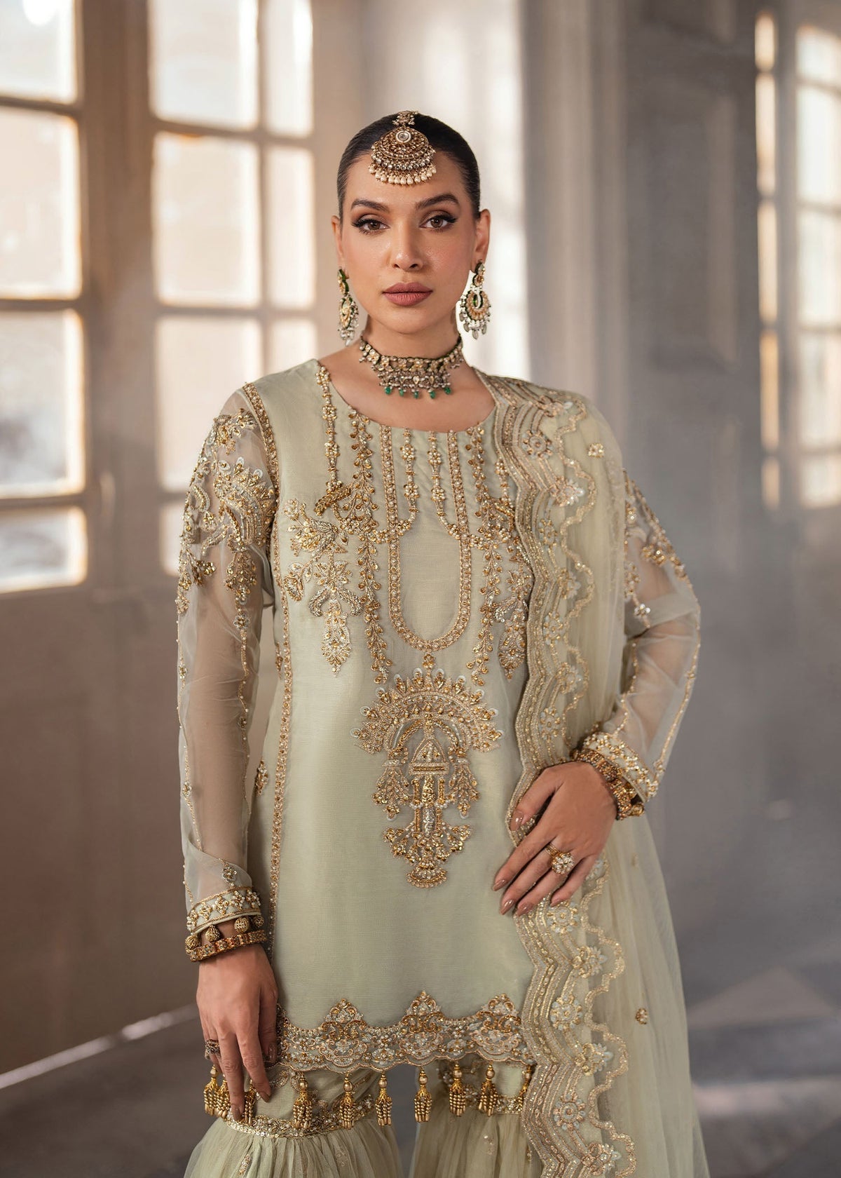 Gul e rana tea green gharara suit, reference outfit photograph 2 — Made by Mairaz reproduction