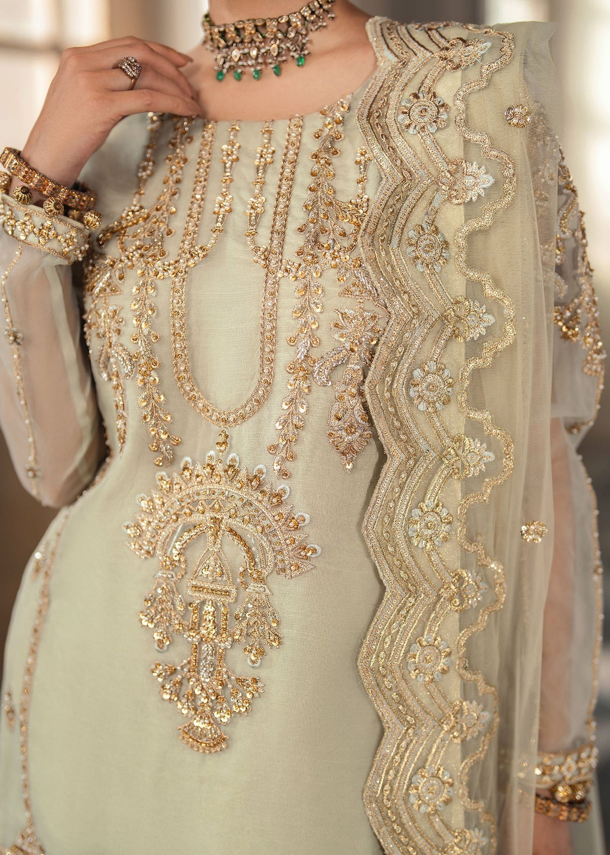 Gul e rana tea green gharara suit, reference outfit photograph 3 — Made by Mairaz reproduction