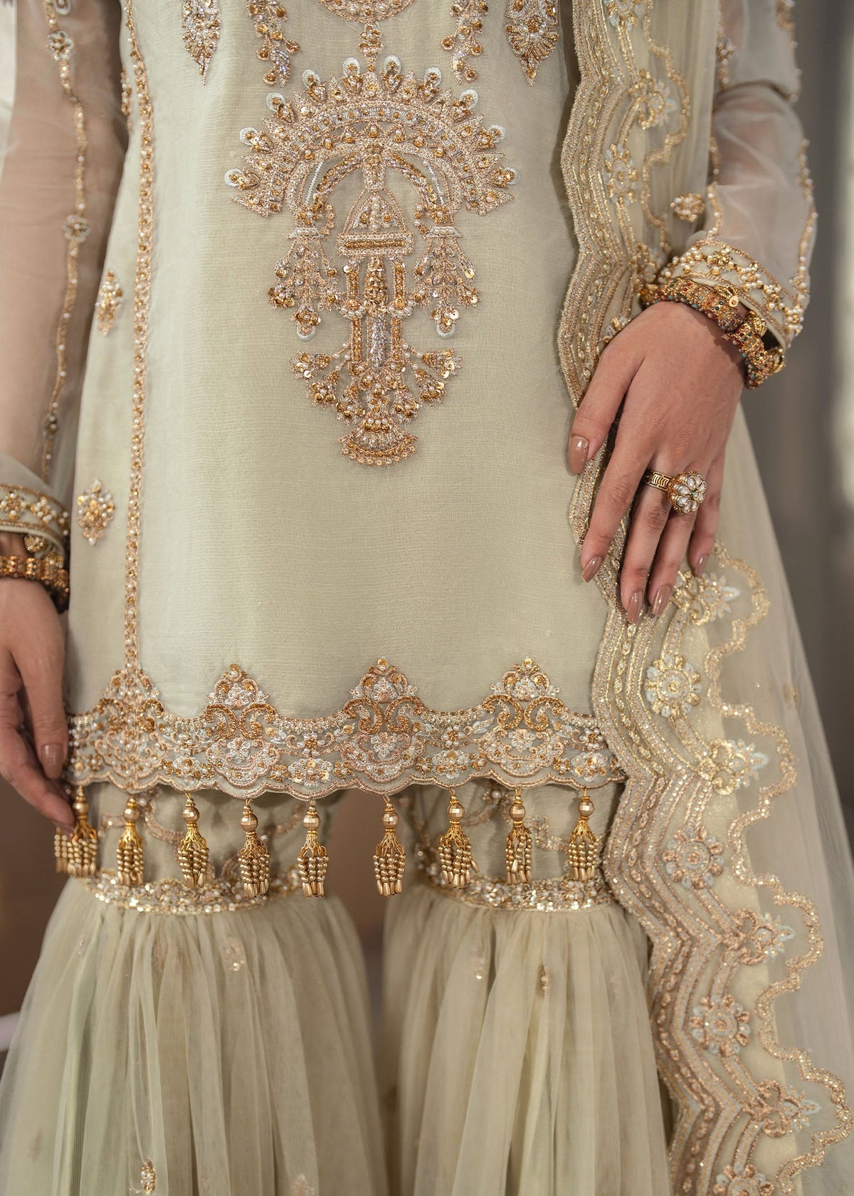 Gul e rana tea green gharara suit, reference outfit photograph 4 — Made by Mairaz reproduction