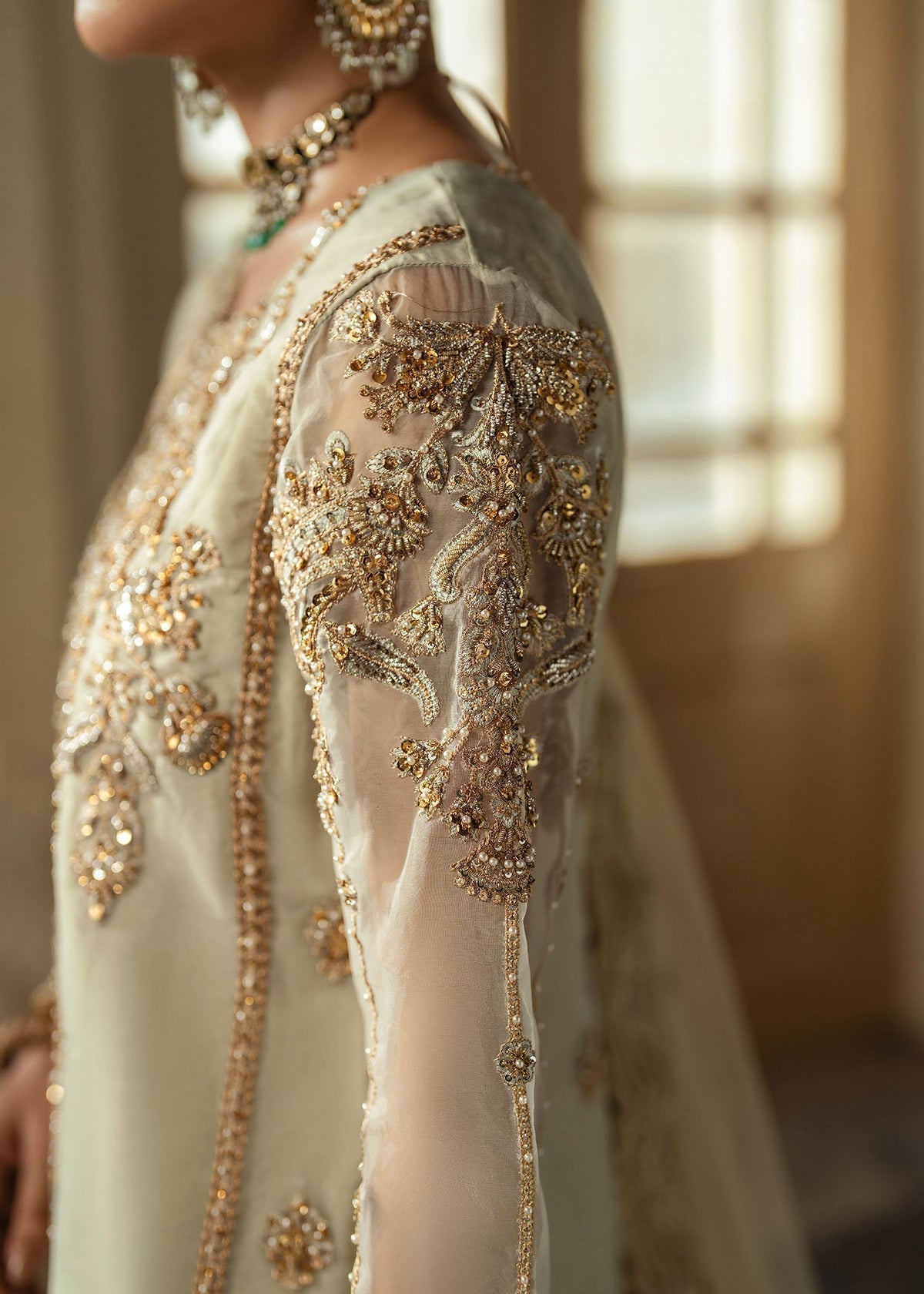 Gul e rana tea green gharara suit, reference outfit photograph 5 — Made by Mairaz reproduction