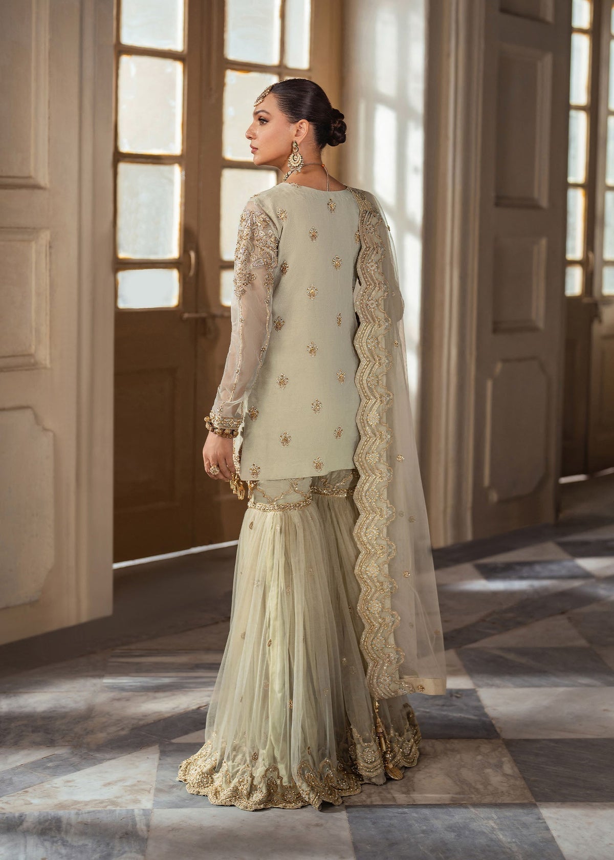 Gul e rana tea green gharara suit, reference outfit photograph 6 — Made by Mairaz reproduction