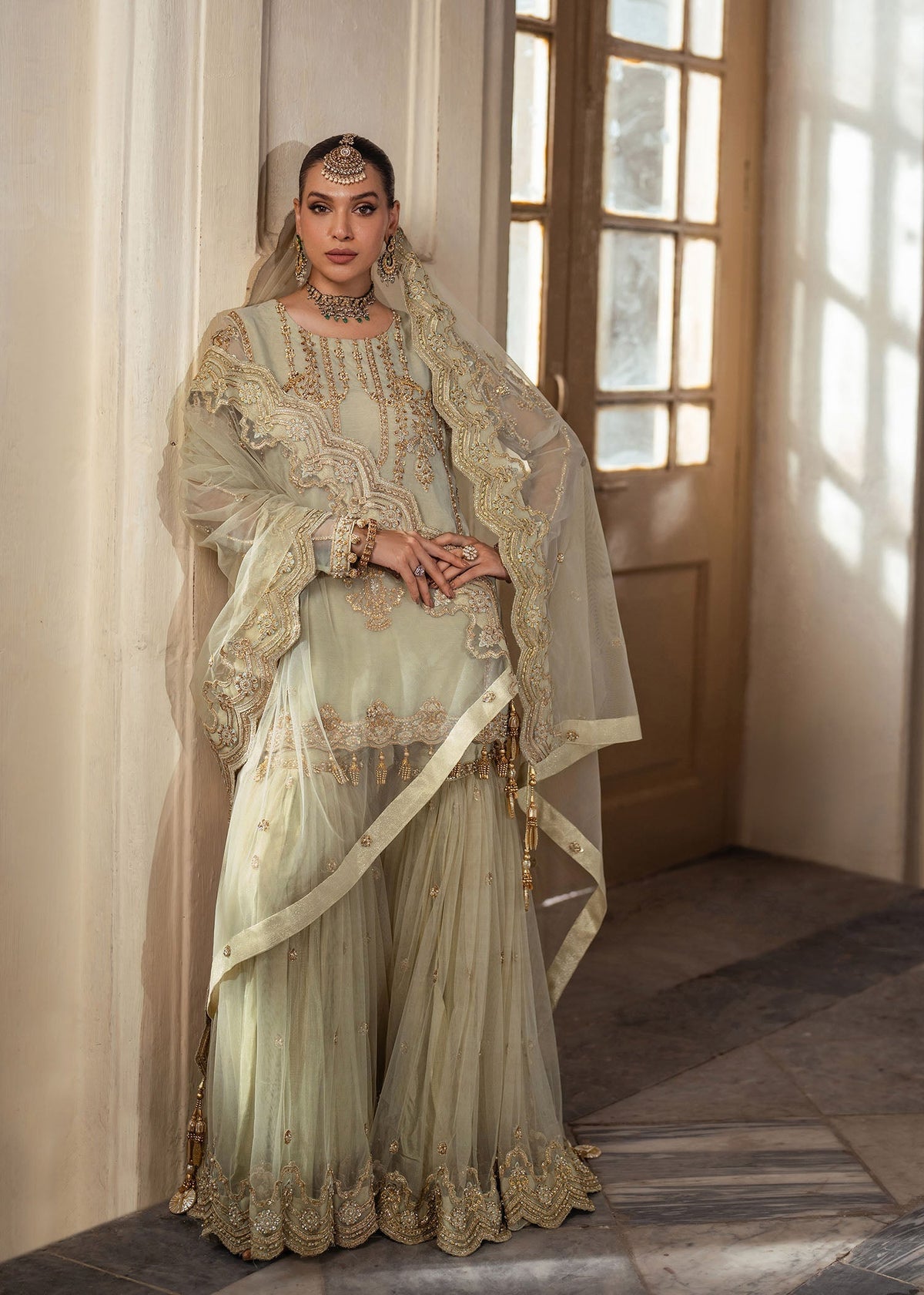 Gul e rana tea green gharara suit, reference outfit photograph 7 — Made by Mairaz reproduction