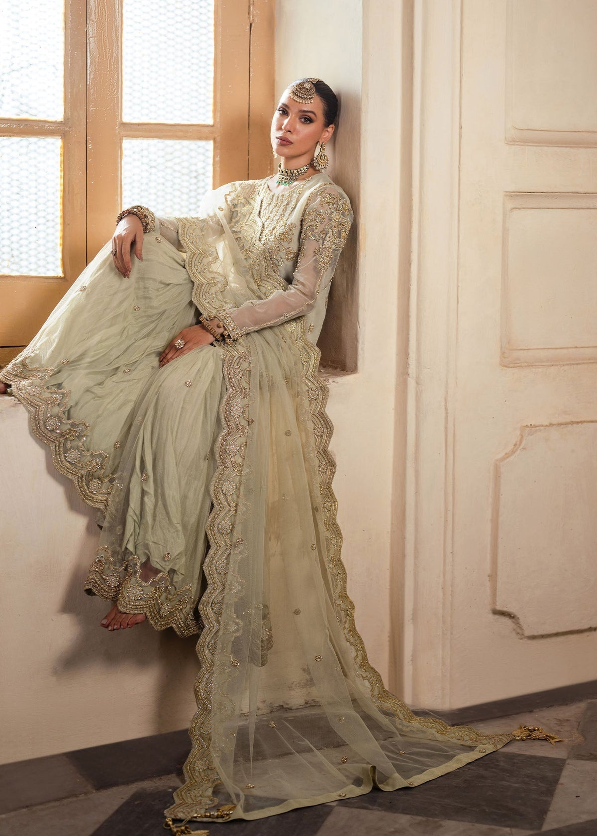 Gul e rana tea green gharara suit, reference outfit photograph 8 — Made by Mairaz reproduction