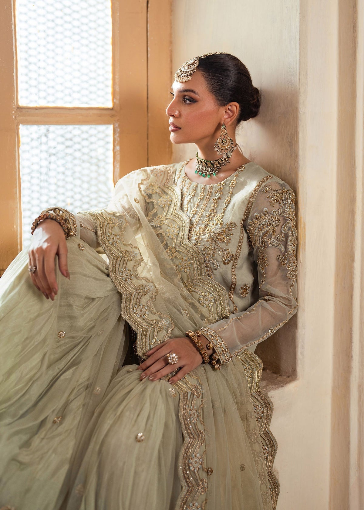 Gul e rana tea green gharara suit, reference outfit photograph 9 — Made by Mairaz reproduction